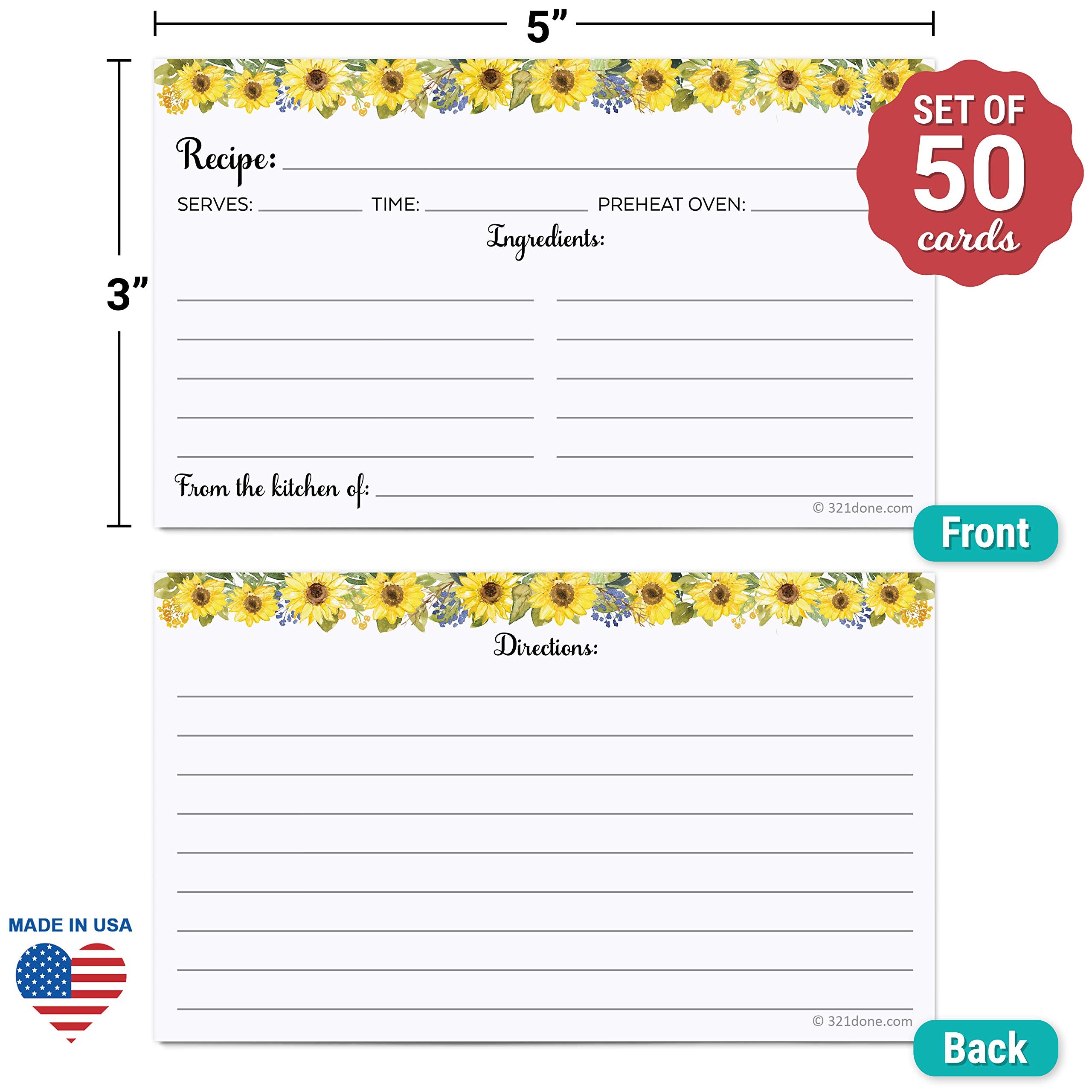 321Done Sunflower Recipe Cards (Set of 50) Small 3'' x 5'' - From the Kitchen Of White - Double-Sided for Weddings  Bridal  Baby Shower - Made in USA