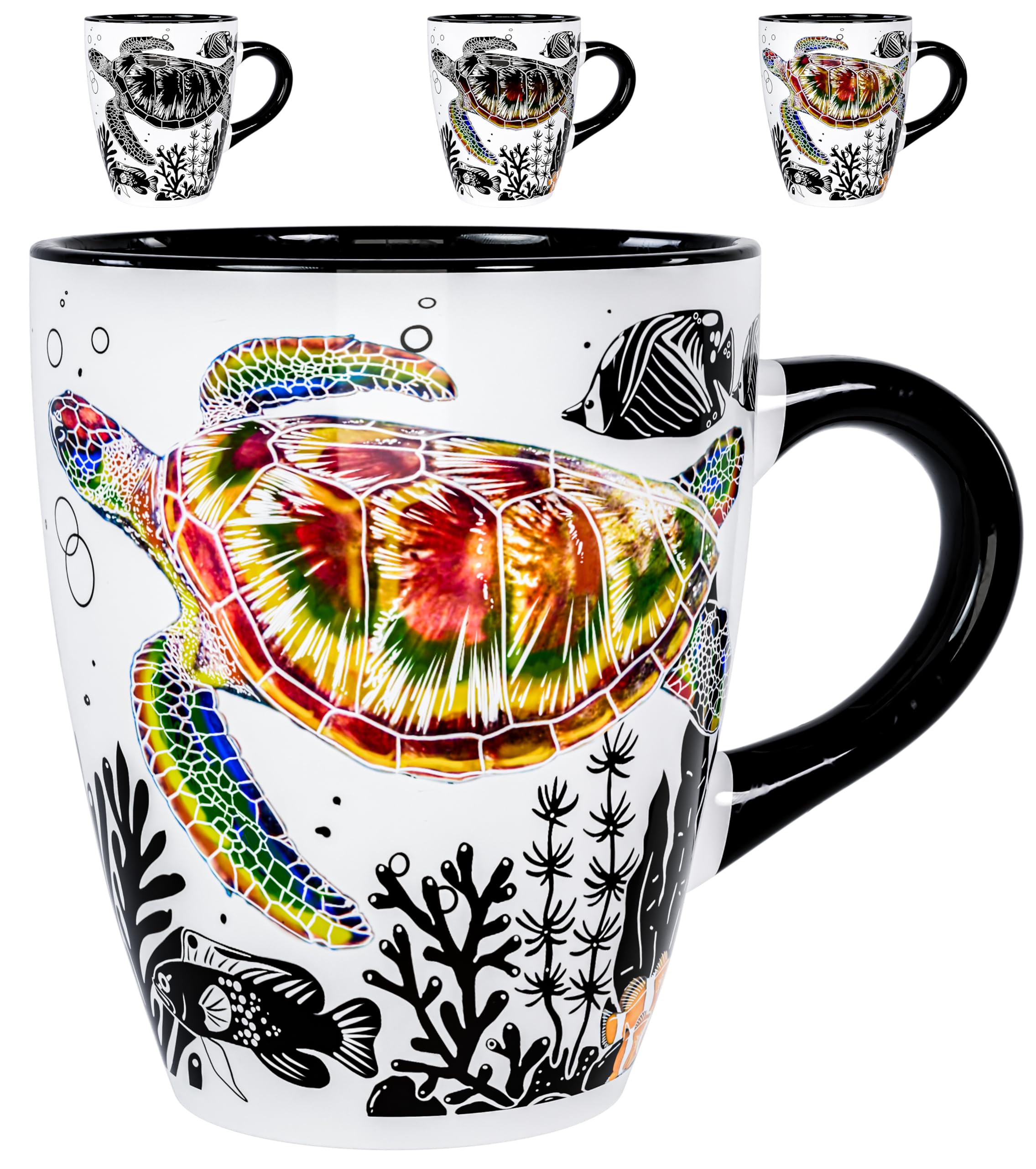 Color Changing Sea Turtle Coffee Mug 12oz - Heat Sensitive Ceramic Cup with Ocean Reef & Coral Design, Coastal Beach Theme Mug, 