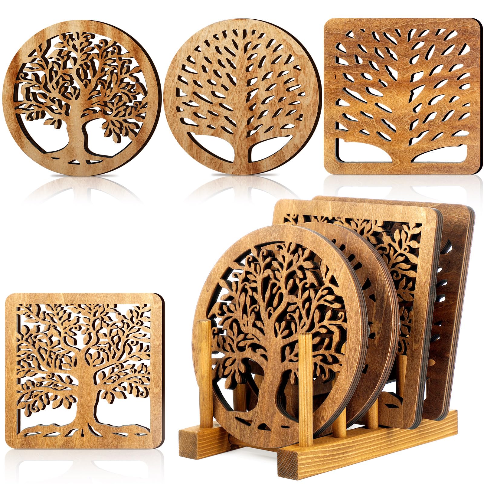 Beeveer 5 Pcs Life Tree Wooden Trivets with Storage Rack Hot Pads Trivets for Hot Dishes Pots and Pans Heat Resistant Mat Set Te