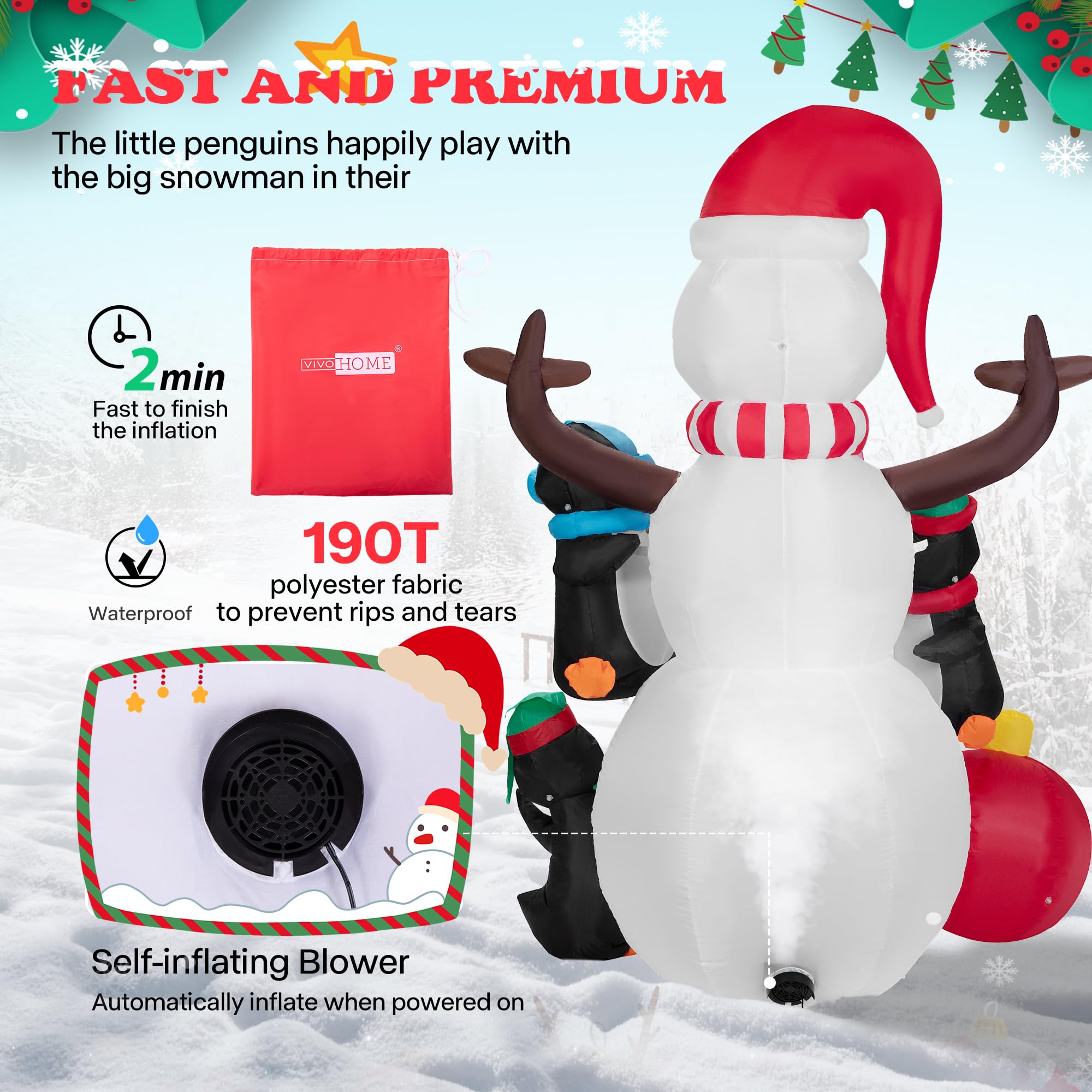 VIVOHOME 6FT Christmas Inflatable Outdoor Decoration, Snowman with Penguin and Red Ball, Navidad Blow Up Yard Decor with Built-i