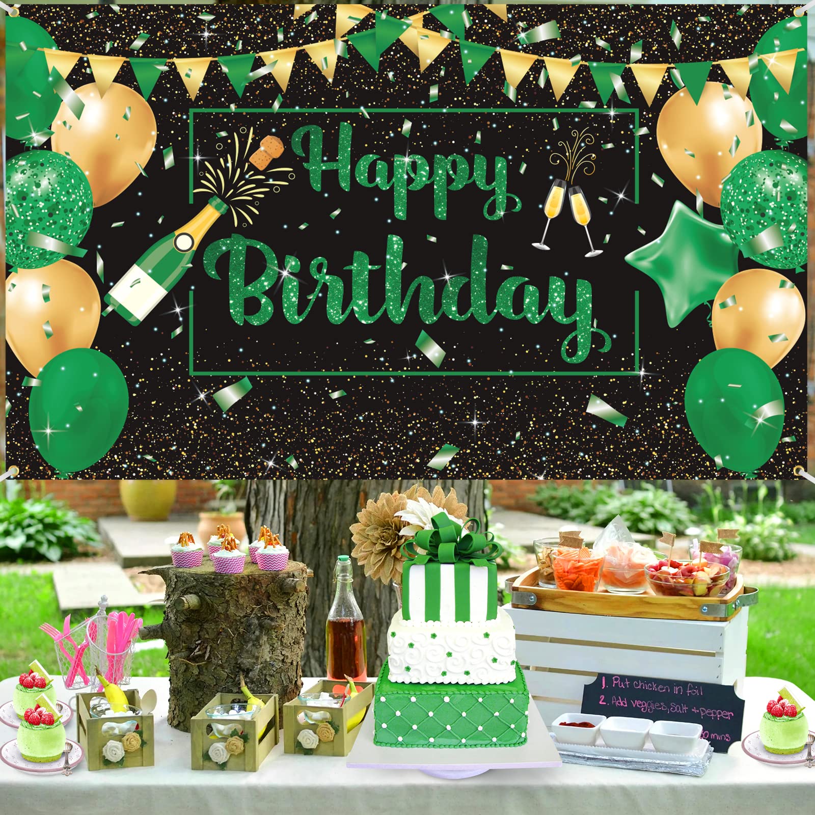 Green Black Gold Birthday Party Decoration Banner, Green Black Happy Birthday Backdrop Banner, Large Green Black Gold Birthday B