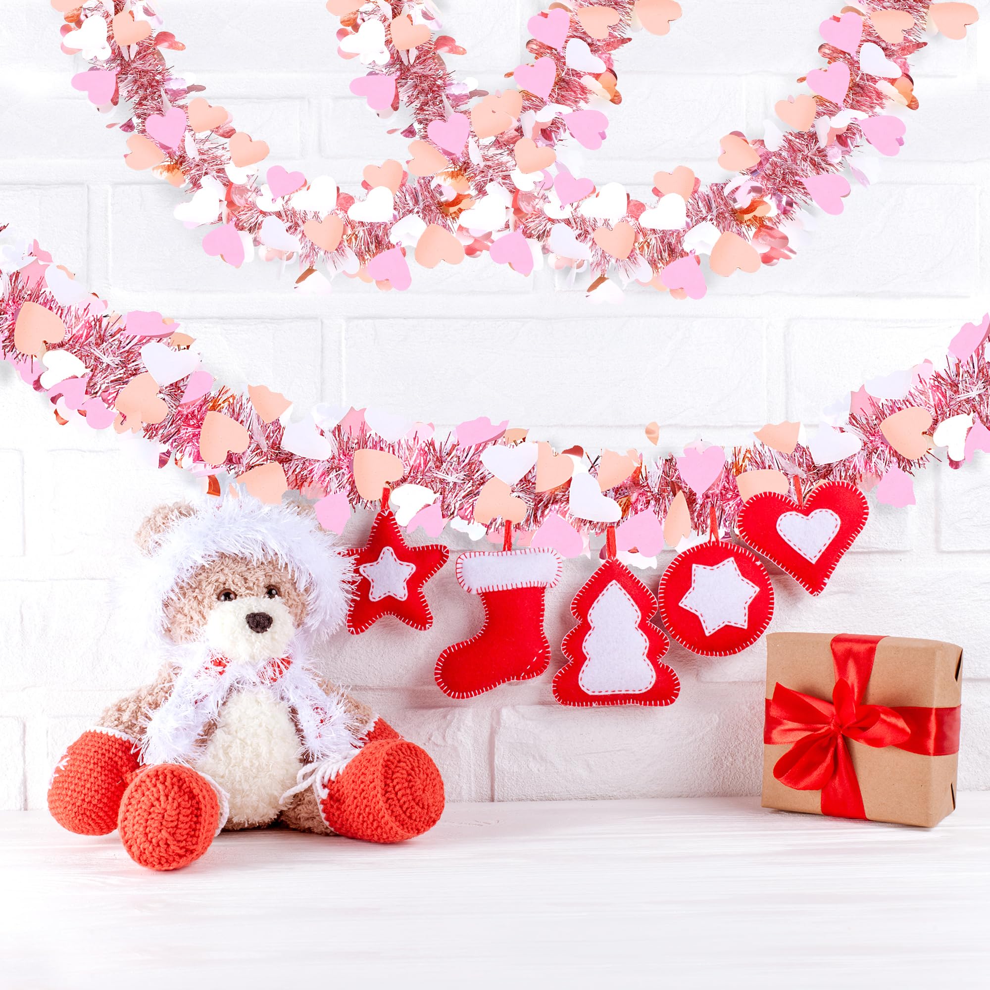 Sggvecsy 49.2Ft Valentines Day Heart Tinsel Garland Pink White Metallic Twist Garland Shining Ceiling Hanging Decorations for Va