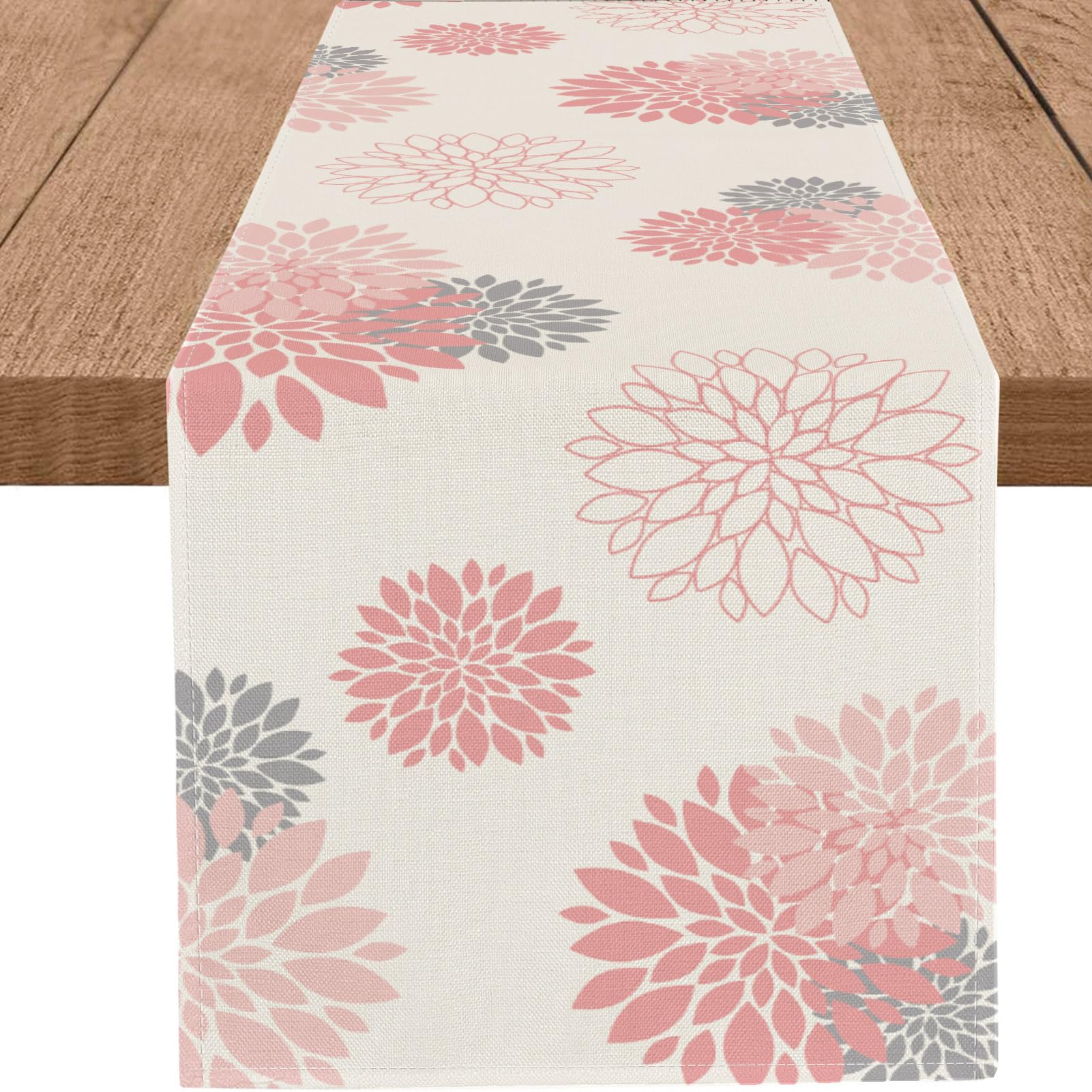 WHOMEAF Pink Gray Mothers Day Table Runner Dahlia Pinnata Flower Beige Table Runners Modern Elegant Pompon Farmhouse Geometric 
