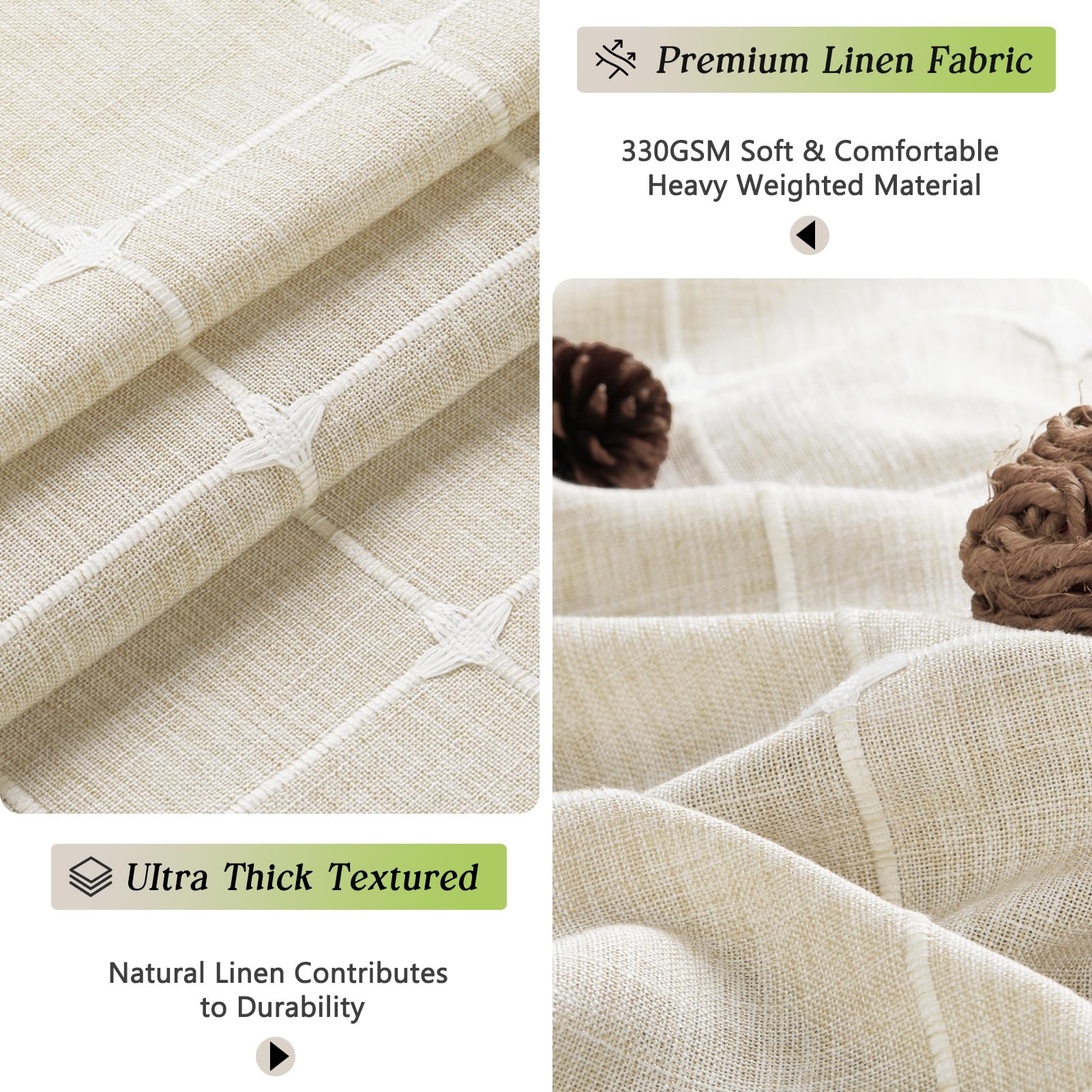 Natural Linen Shower Curtain, Boho Farmhouse Heavy Duty Textured Fabric Shower Curtain Set With Tassels, Neutral Bohemian Chic V