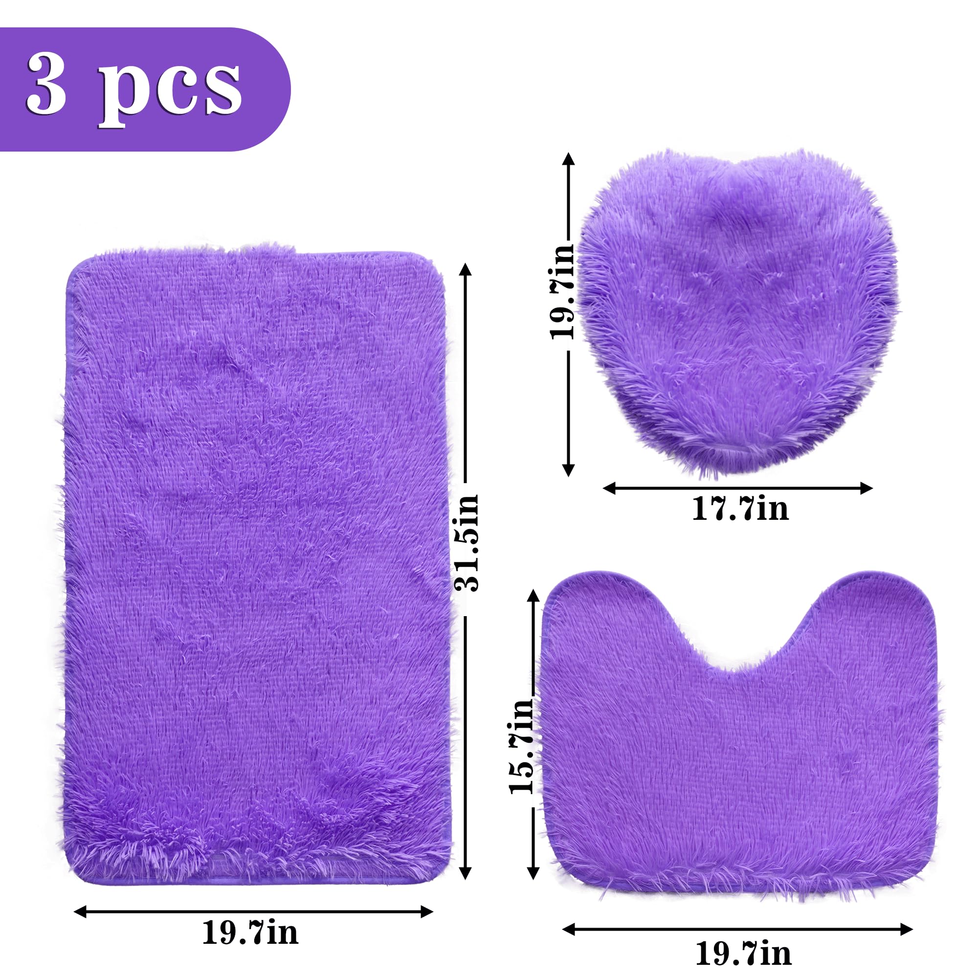 Eanpet Shaggy Bathroom Rugs Sets 3Piece Purple Bath Mat For Bathroom Non-Slip Bathroom Mats Water Absorbent Bath Rug Floor Mats