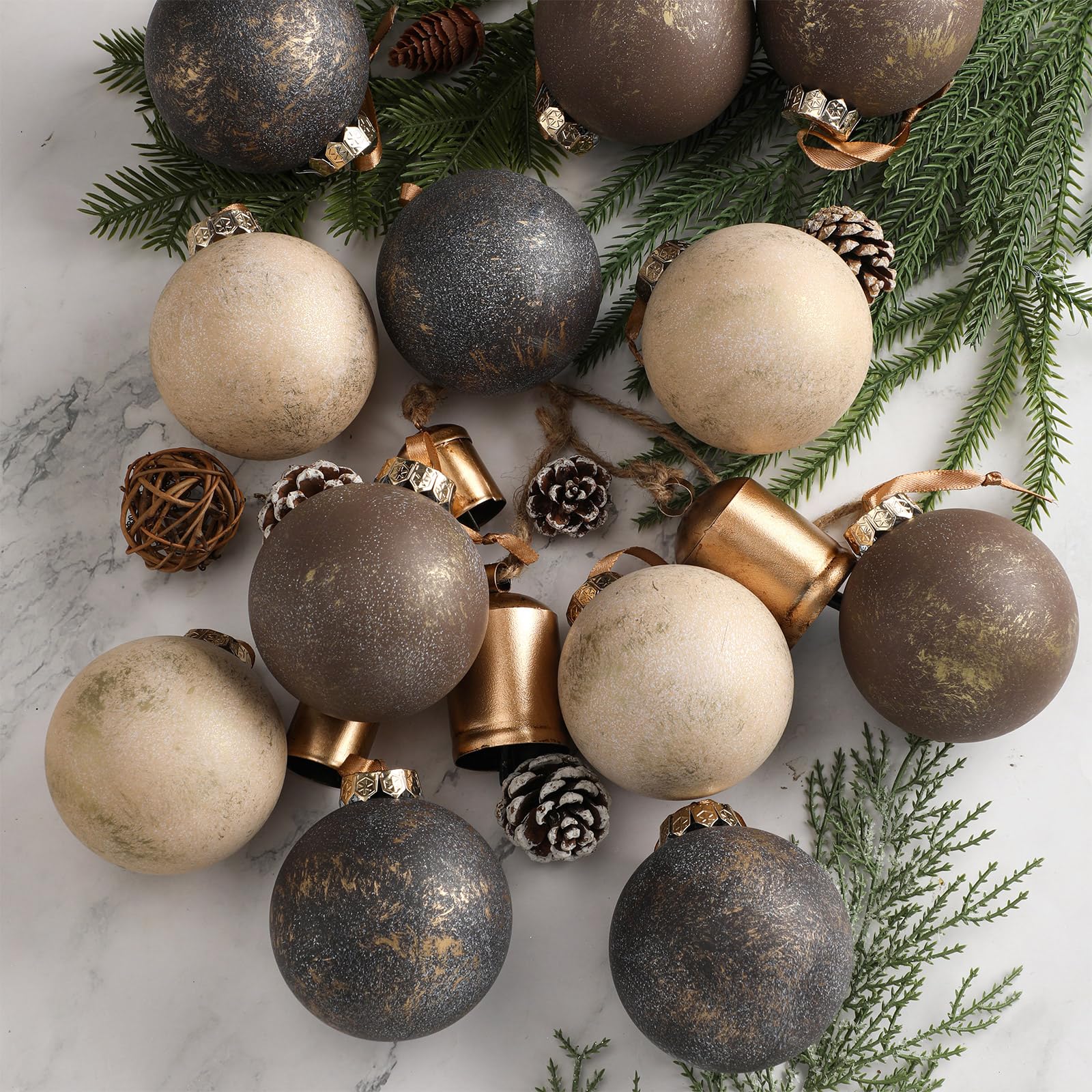 Yunlly 12 Pcs Large Neutral Textured Christmas Ball Ornaments 3.15 Inch Vintage Rustic Metallic Brown Xmas Bulbs Ornament Shatte