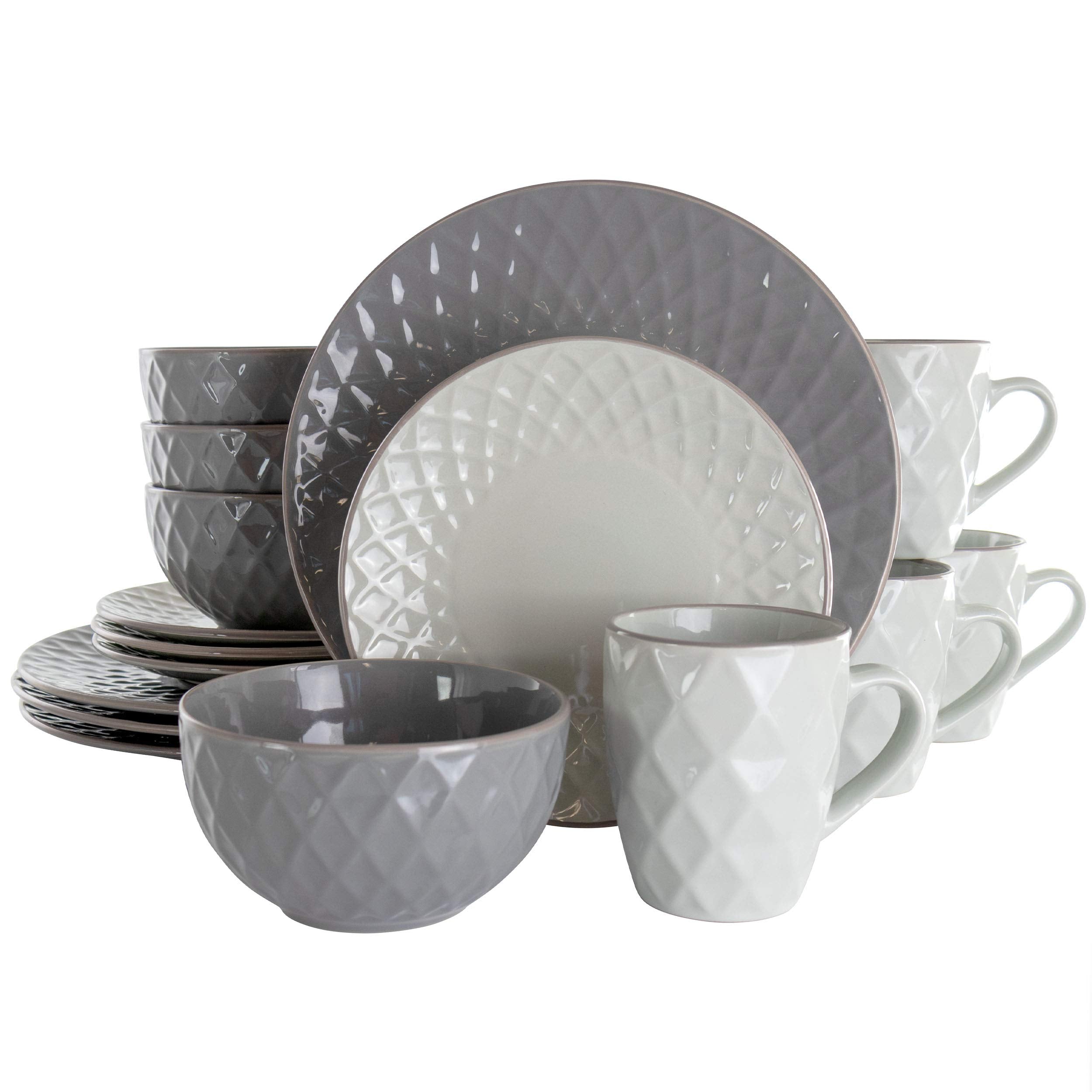 Elama Round Tahitian Stoneware Collection Dinnerware Dish Set, 16 Piece, Slate and Pearl
