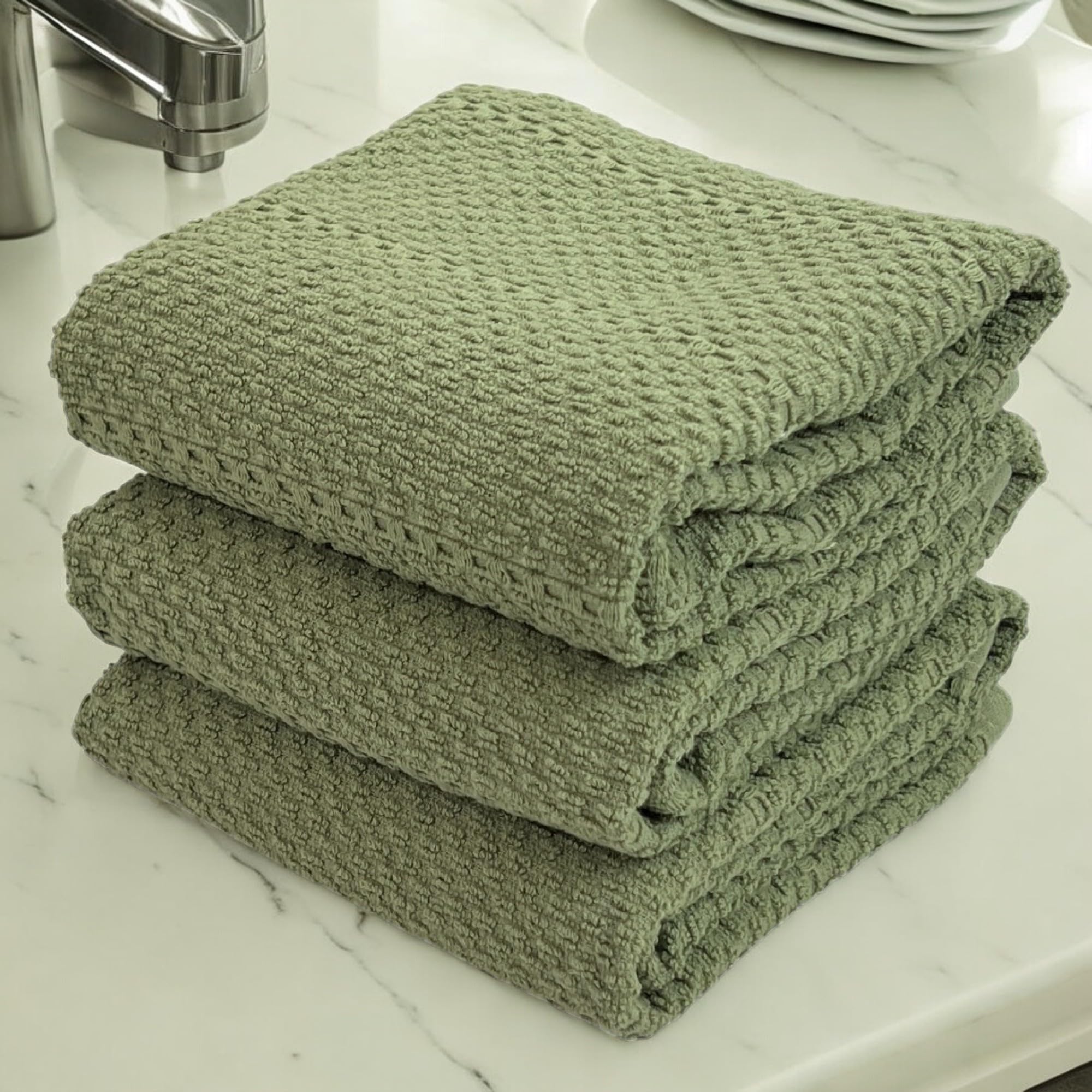 Dark Sage Green Kitchen Hand Dish Towels: Oversized 28'' X 18'',100% Cotton Cloth Soft Cleaning Drying Absorbent Textured Design