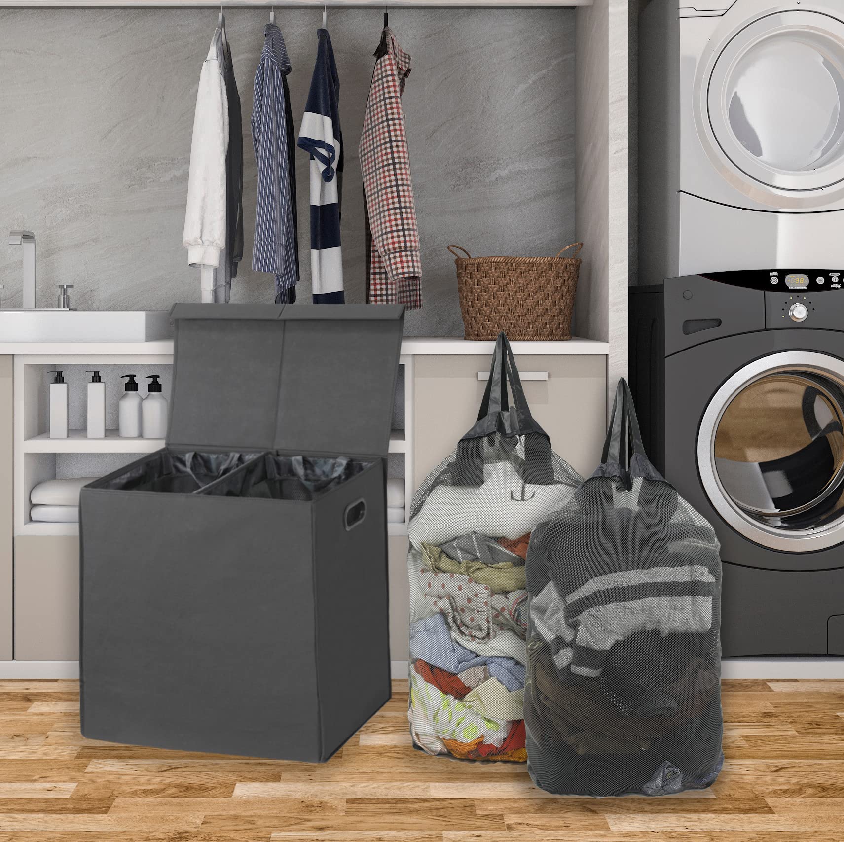 Simple Houseware Double Laundry Hamper With Lid And Removable Laundry Bags, Dark Grey