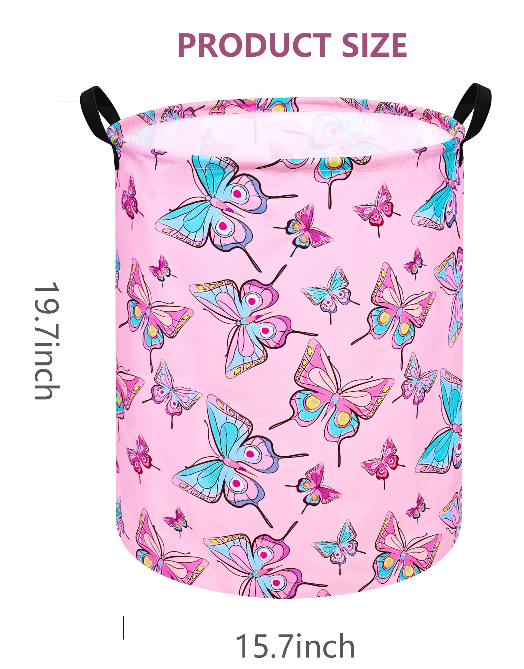 Girls Storage Basket With Pe Waterproof Lining Cute Pink Butterfly Print Foldable Hamper 15.7D X 19.7H - Collapsible Laundry Ham