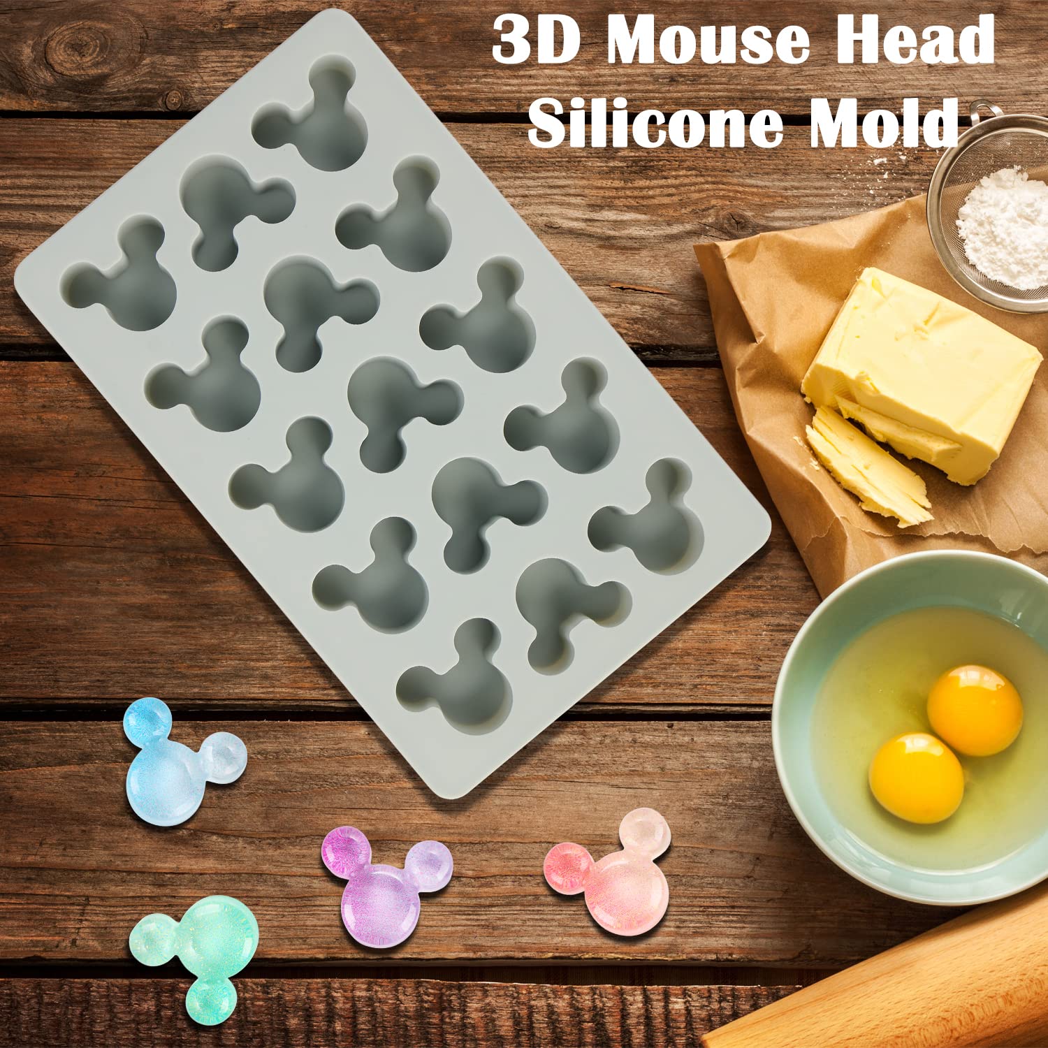 Liyde Gummy Mouse Silicone Molds, 15 Cavity Non-Stick Mouse Head Silicone Molds For Ice Cube Diy Gummies Chocolate Candy Grey