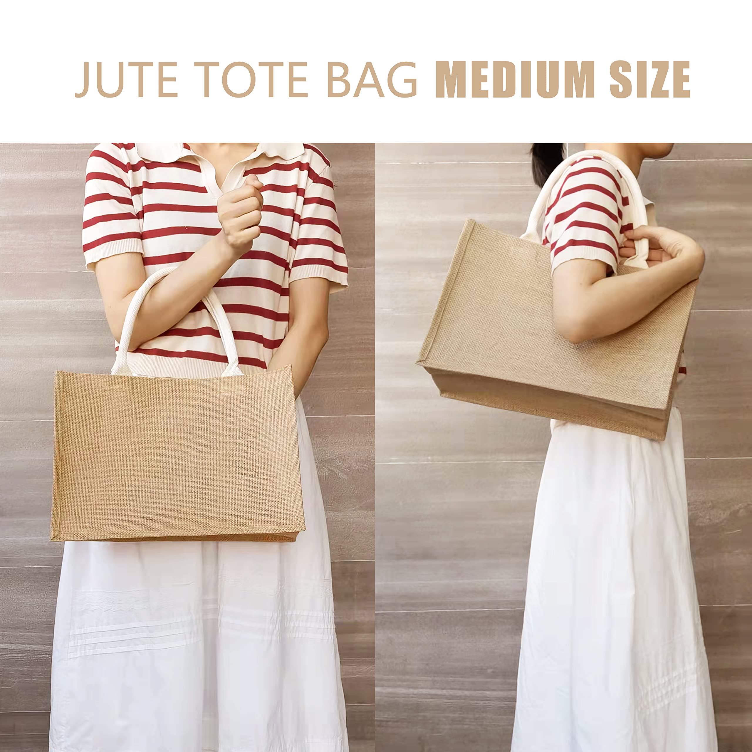 Yaceyace Jute Beach Bags, 14.5'' X 6.7'' X 10.2'' Pack Of 6 Burlap Tote Bags With Handles Resuabale Grocery Bags Bridesmaid Bags