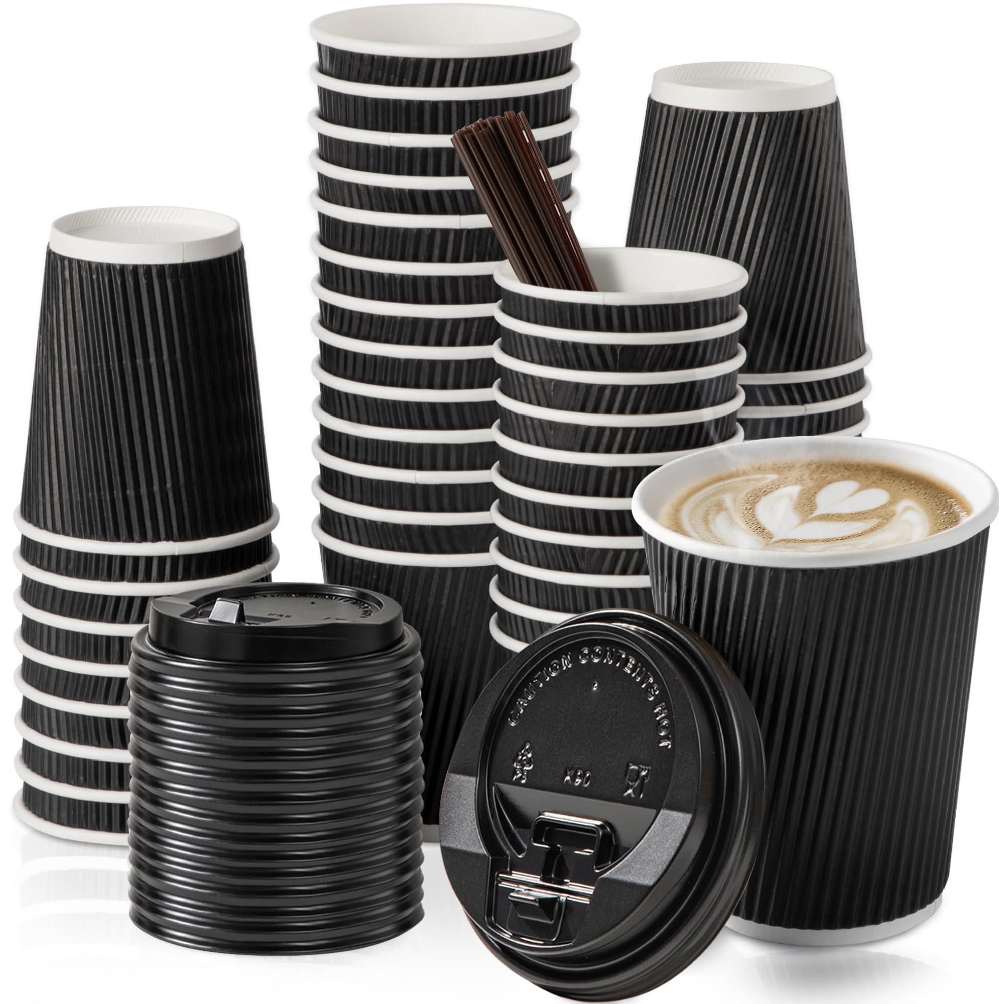 Fit Meal Prep 50 Pack 12 Oz Black Disposable Coffee Cups With Lids & Stirrers, Corrugated Triple Wall To Go Hot Cups, Insulated