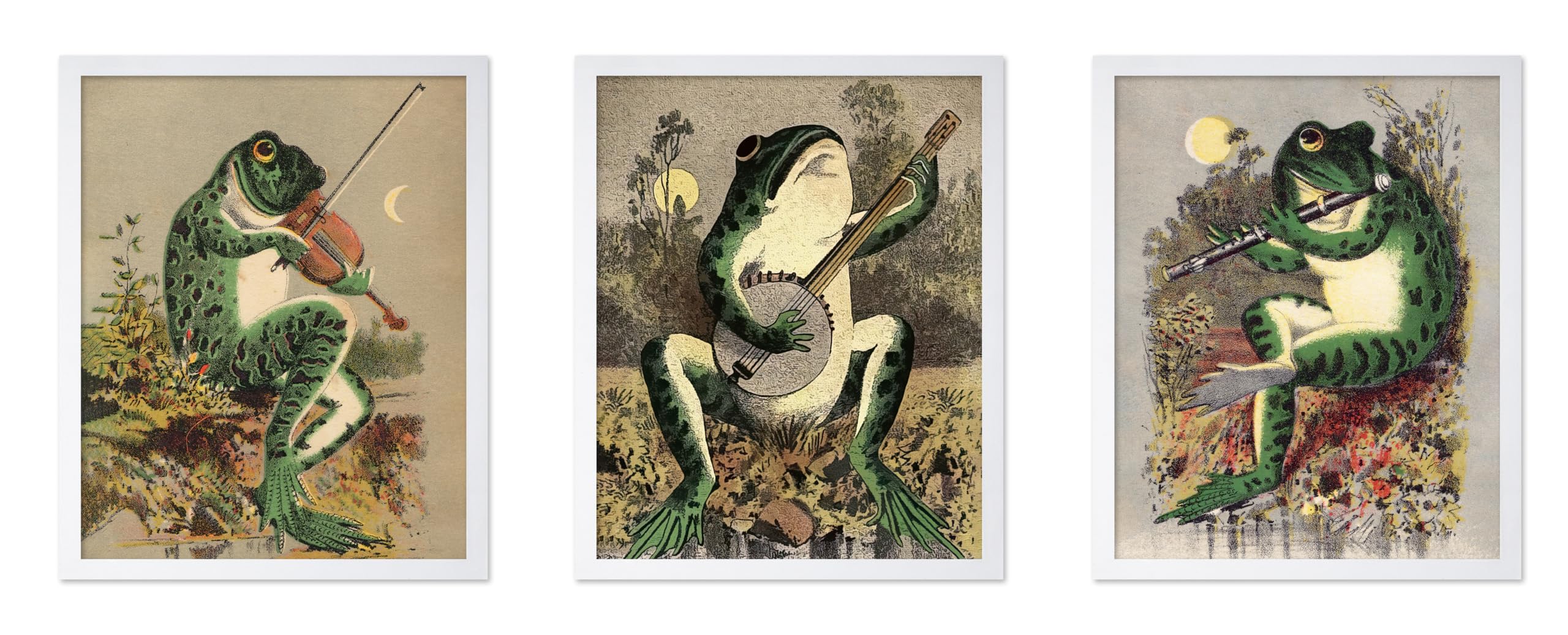 Poster Master 3-Piece Vintage Frog Poster - Retro Frog Playing Banjo Flute Violin Print - Frog Art - Funny Gift for Musician, An