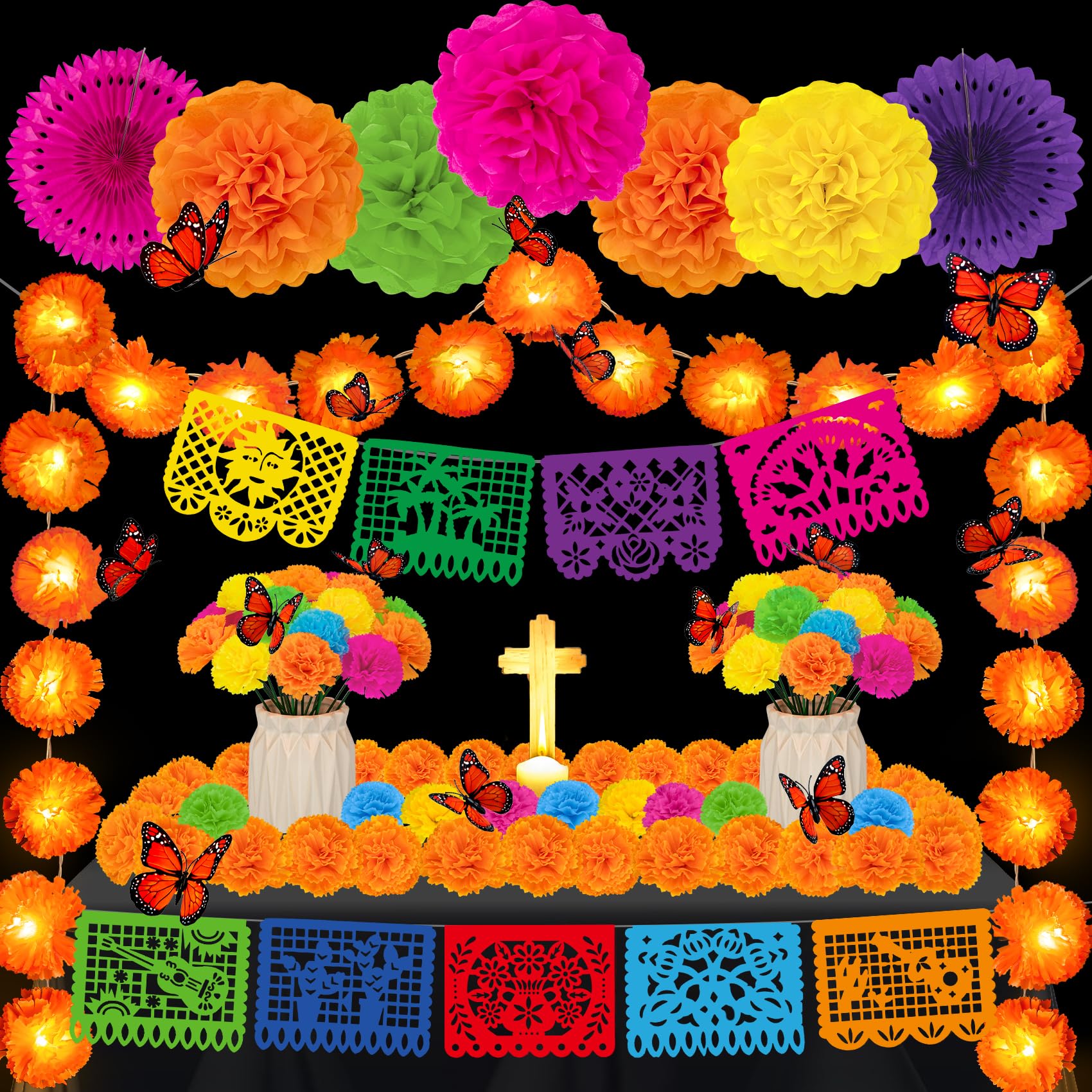 79 Pcs Day of The Dead Decorations Set, 10 Ft 20 LED Marigold Garland, 9 Mexican Banner, 50 Marigold Flowers with Stem, 7 Paper 