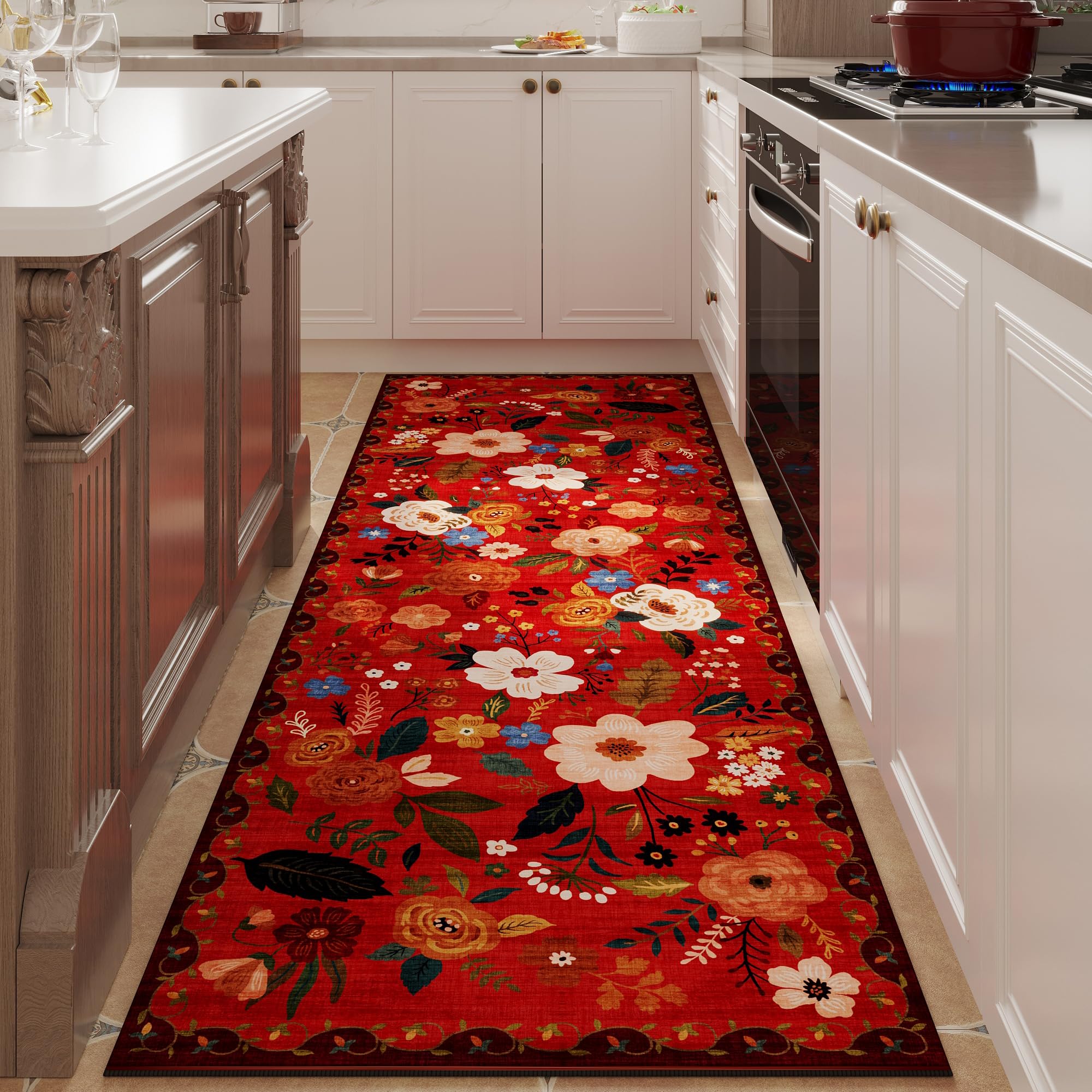Rugcomf Runner Rug for Hallways Kitchen Runner Rug Non Slip 26x8 Washable Runner Rugs with Rubber Backing Soft Floral Carpet