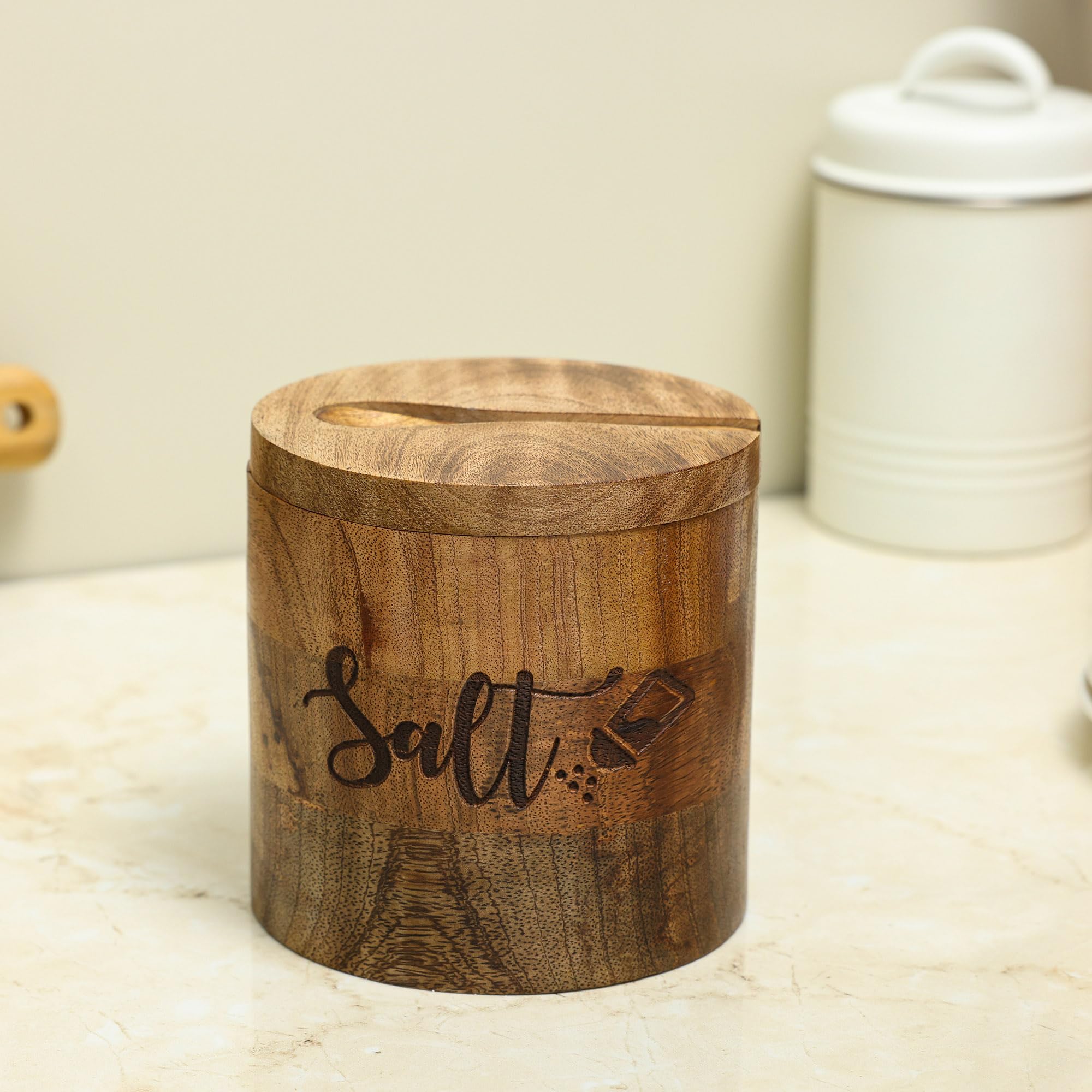 Dudki Wooden Salt Box With Magnetic Lid With Attached Spoon On Top| Round Salt Container| Bowl Pot Jar Salt Box | Mango Wood For