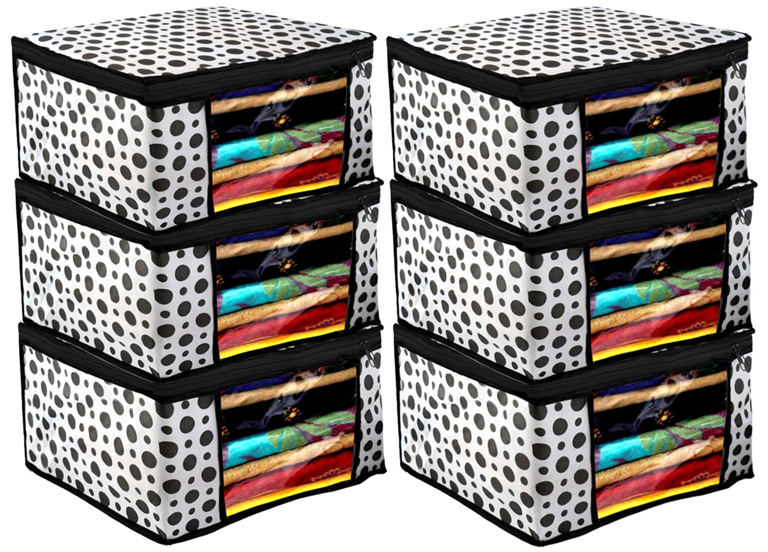 Heart Home Polka Dots Design 6 Piece Non Woven Fabric Saree Cover/Clothes Organiser For Wardrobe Set With Transparent Window, Ex