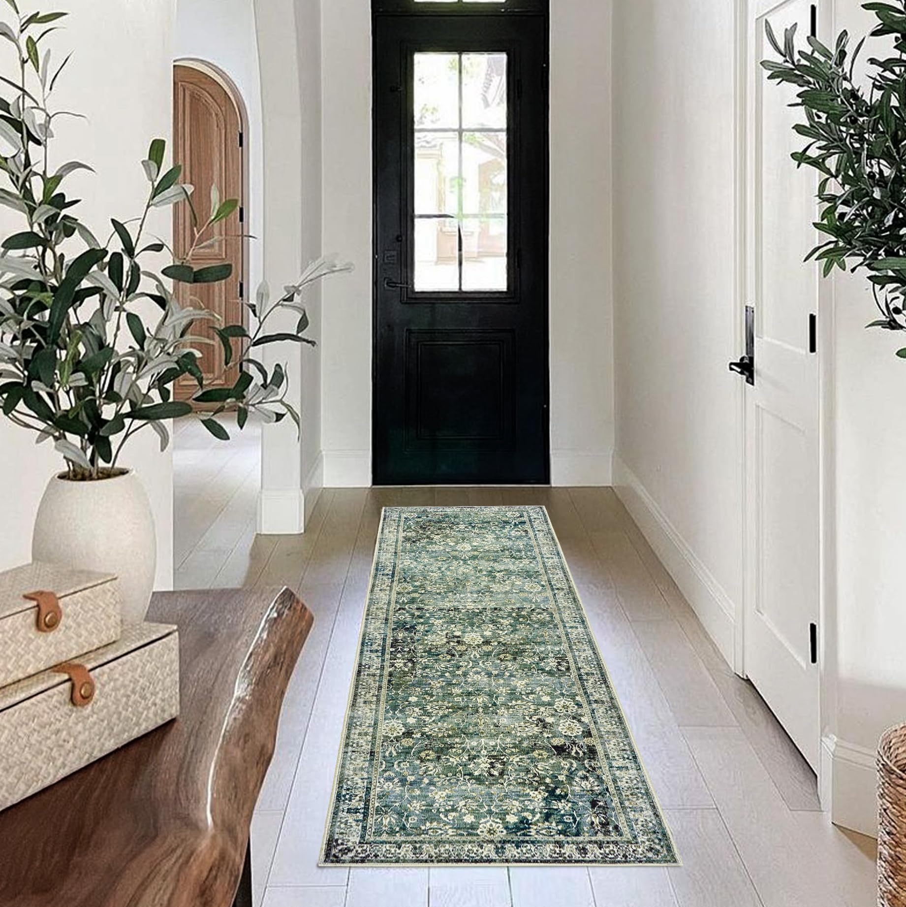 Green Washable Bathroom Hallway Runner Rug with Rubber Backing Non Slip Vintage Boho Floral Long Runners Rugs for Entryway Indoo
