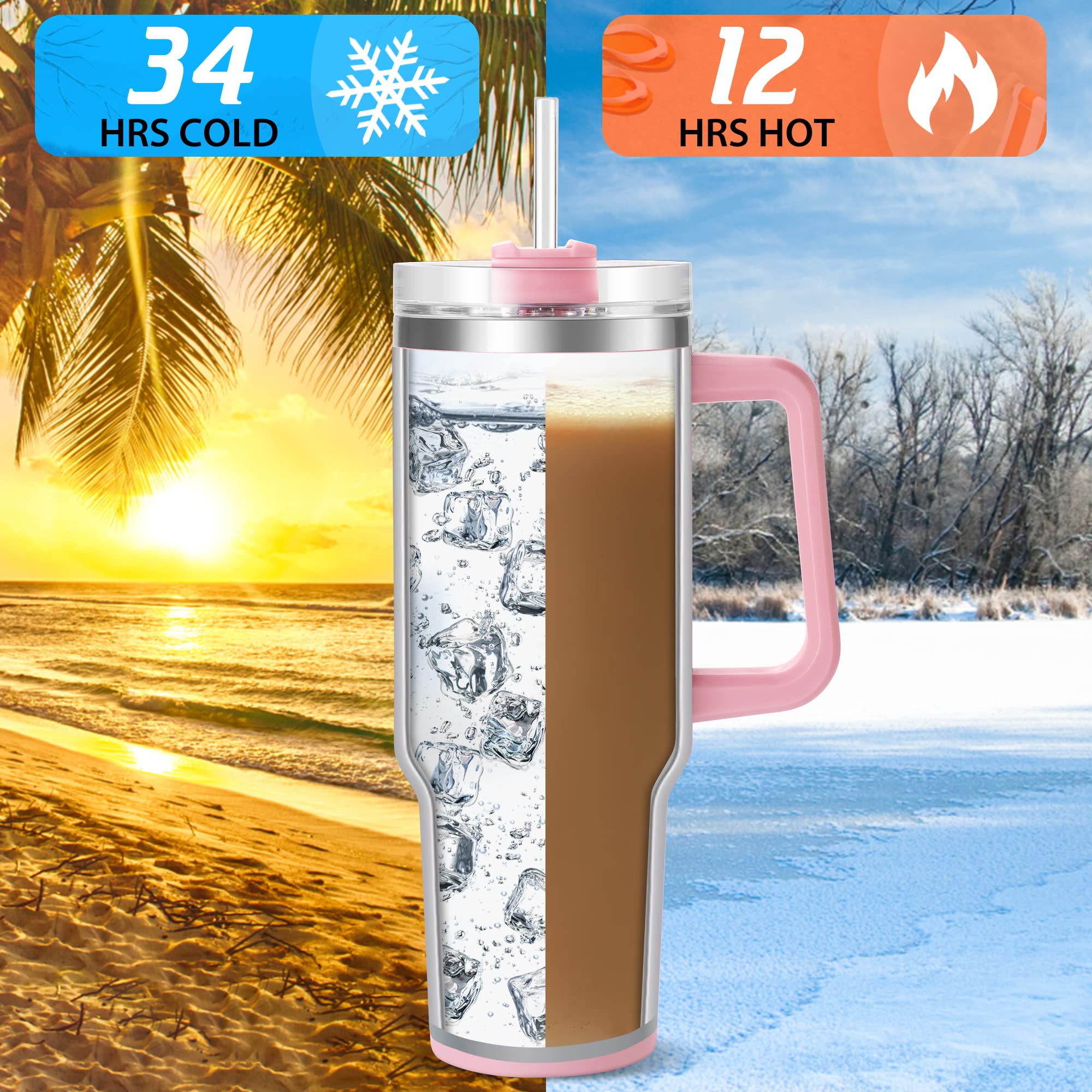 40 Oz Tumbler With Handle And Straw, Pink Insulated Travel Mug Iced Coffee Cup, Reusable Stainless Steel Insulated Water Bottle,