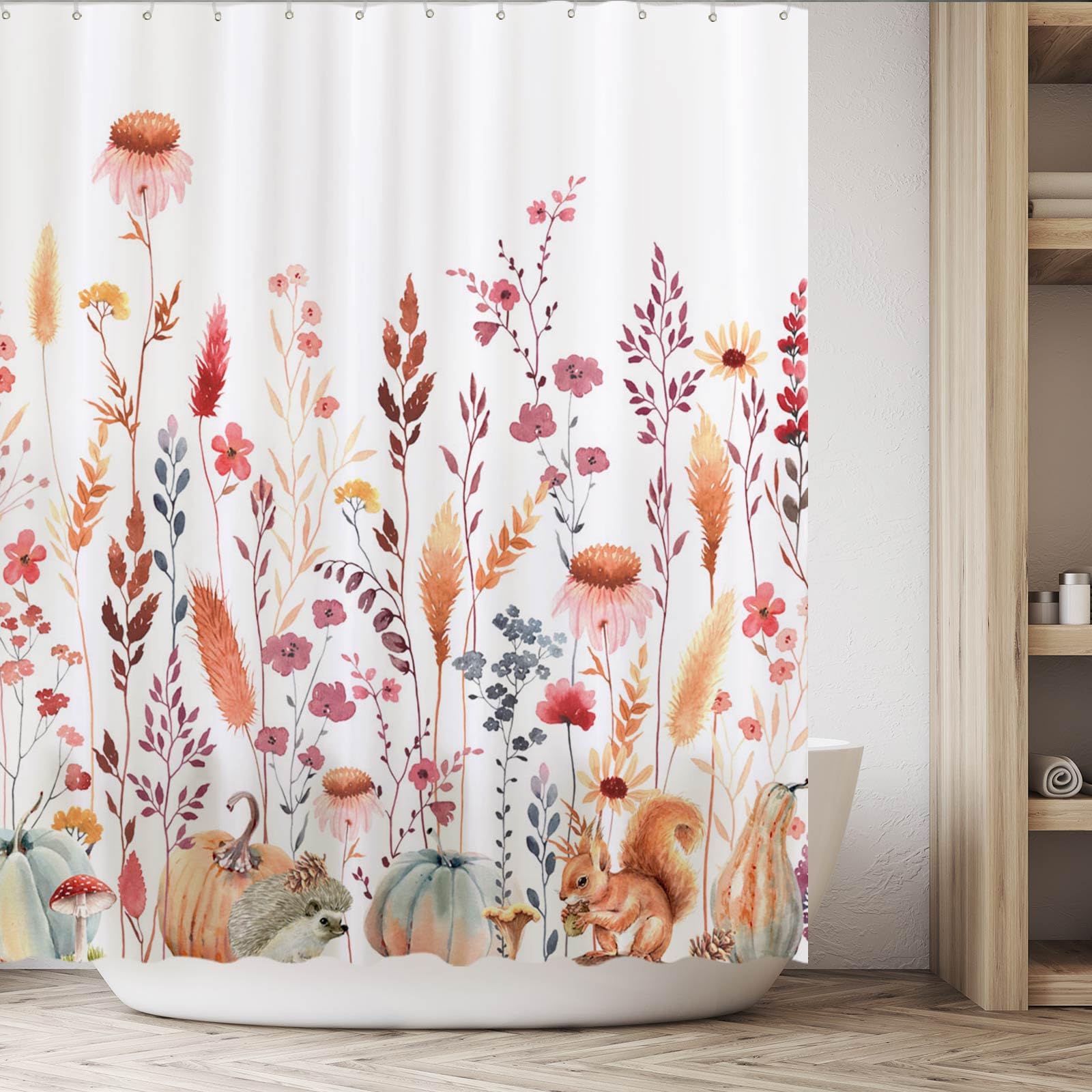 Funnytree 72''X72'' Autumn Flowers Fall Rustic Pumpkins Boho Leaves Floral Watercolor Bohemian Farmhouse Shower Curtain For Bath