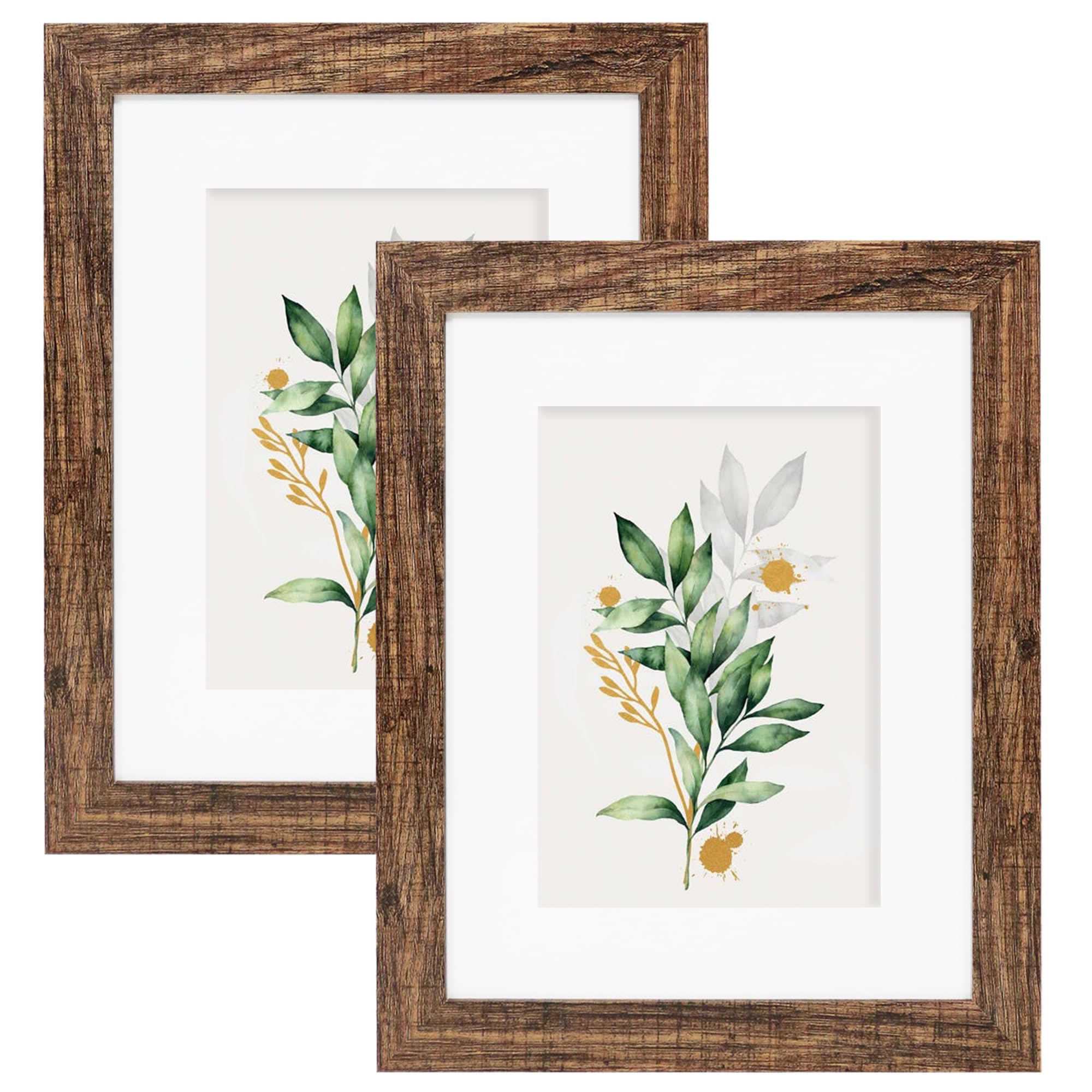 Hongkee 8x10 Picture Frame Set of 2, Made of Real Glass and Rustic Brown Wooden Frame - Display Picture 5x7 with Mat or 8x10 Wit