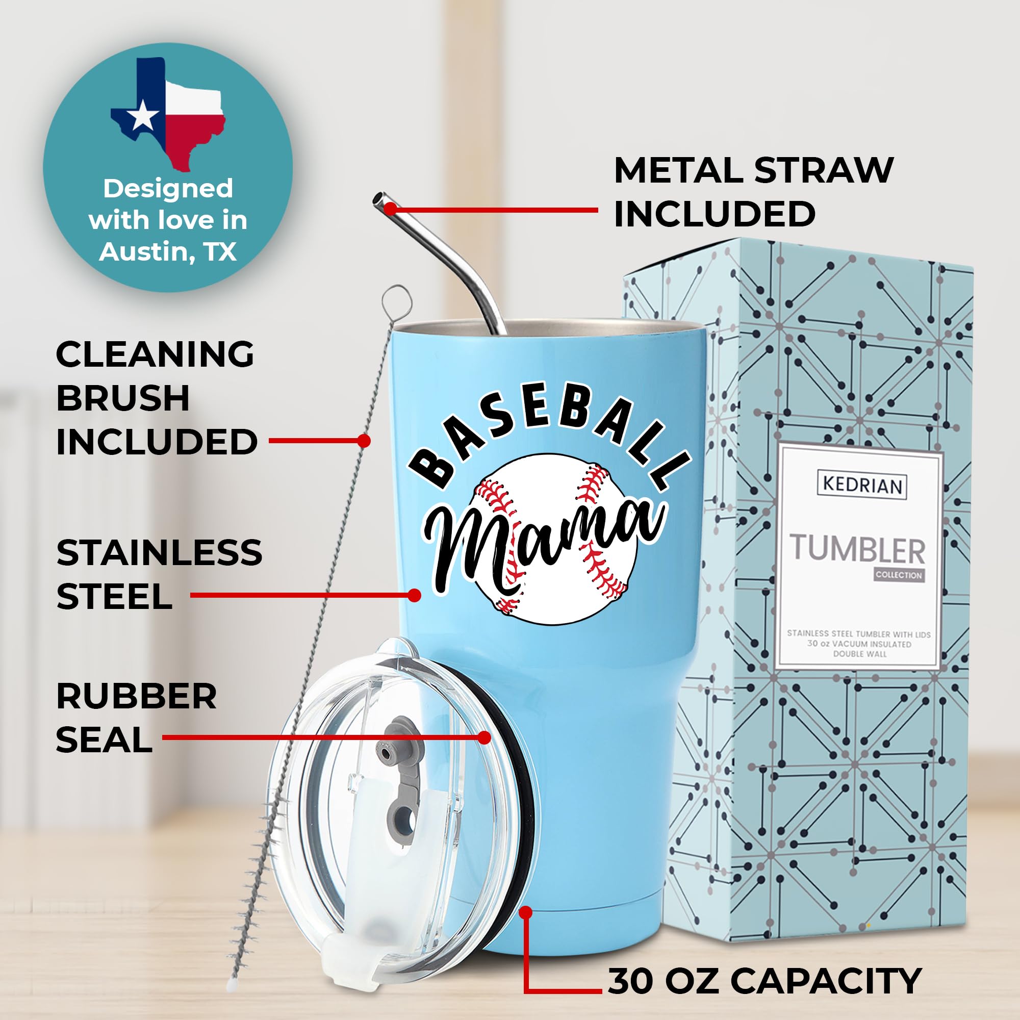 KEDRIAN Baseball Mama Tumbler 30oz, Baseball Mom Gift Ideas, Baseball Coffee Travel Mug, Birthday, Christmas, Gift Ready