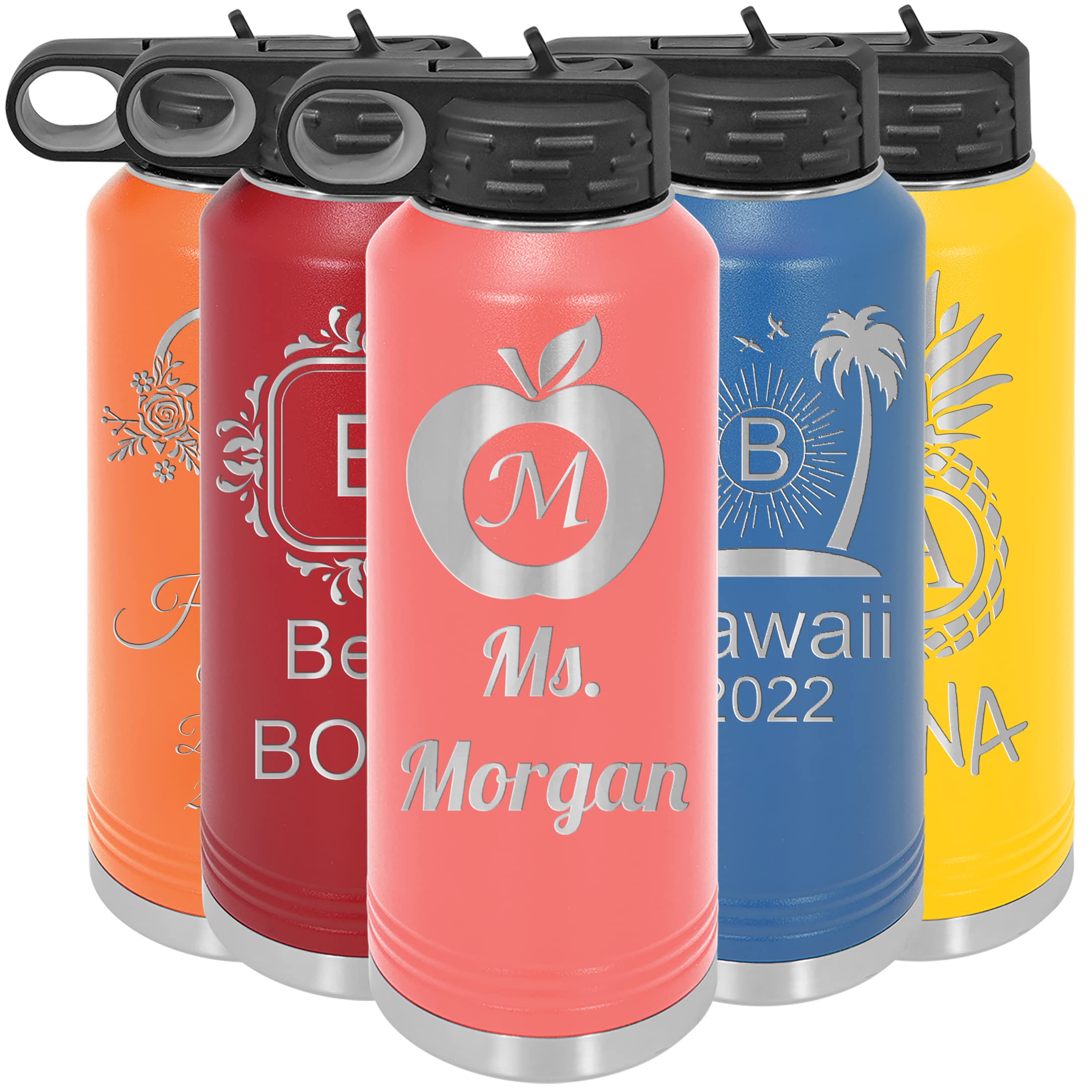 Customized Water Bottles With Flip-Top Lid And Straw, Personalized Stainless Steel Sports Thermos Engraved Monogram - Teacher, B