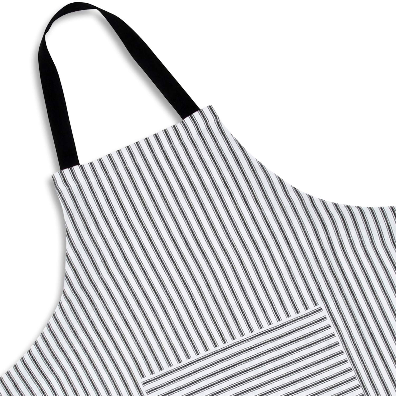 Cackleberry Home Black And White Ticking Stripe Woven Cotton Bib Apron Pocket Adjustable Strap