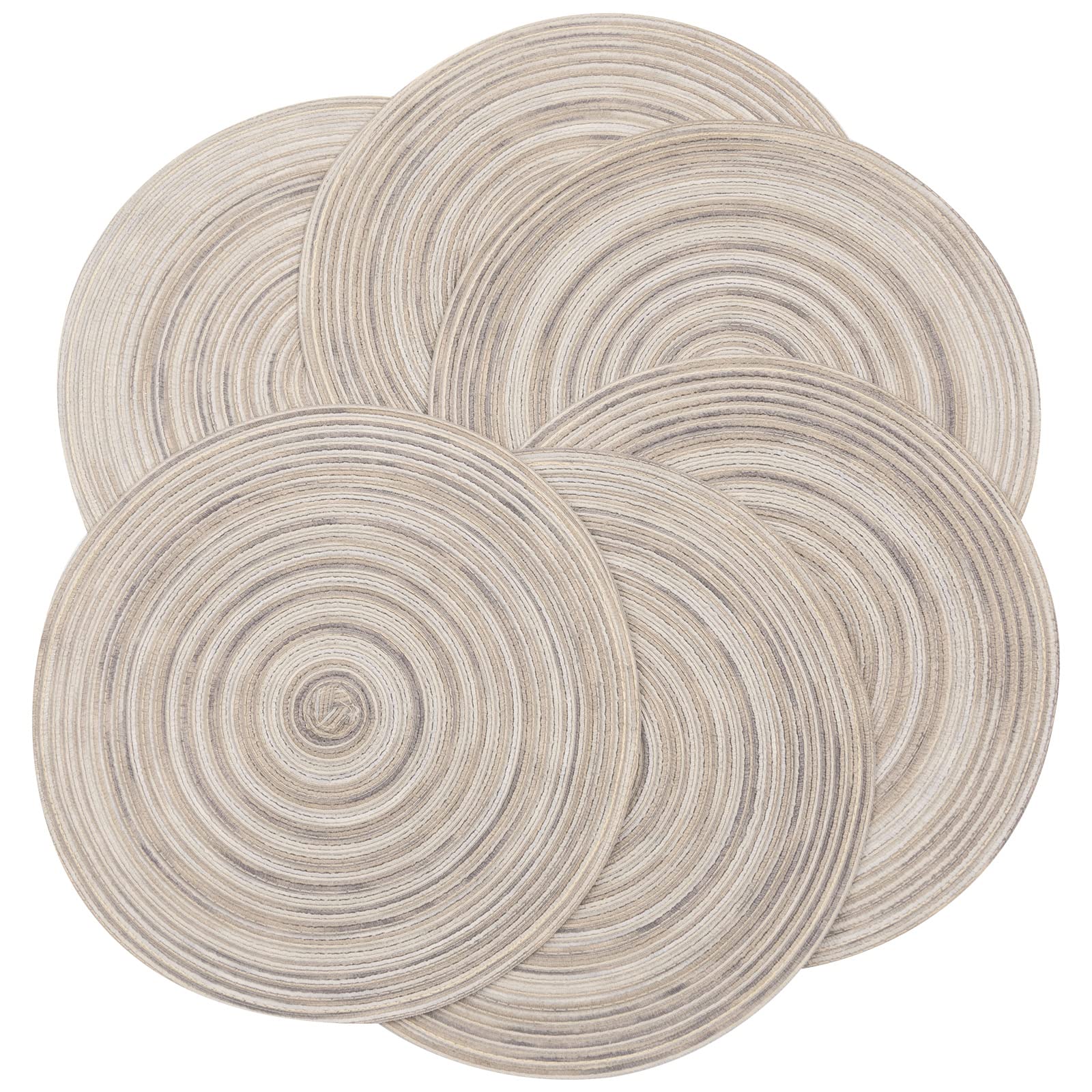 SHACOS Round Braided Placemats 15 inch Set of 6 Washable Kitchen Table Placemats for Home Wedding Party (Rainbow Gray, 6)