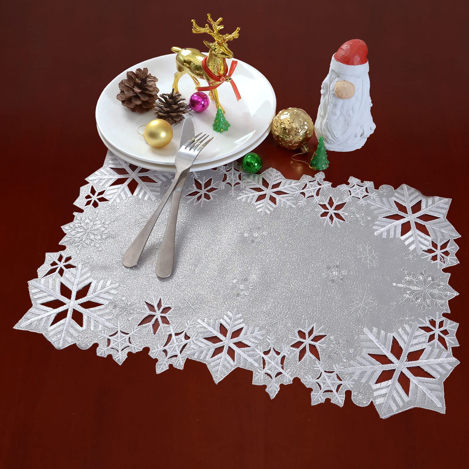Simhomsen Embroidered Snowflakes Table Placemats For Christmas Holiday And Winter (Silver, 13