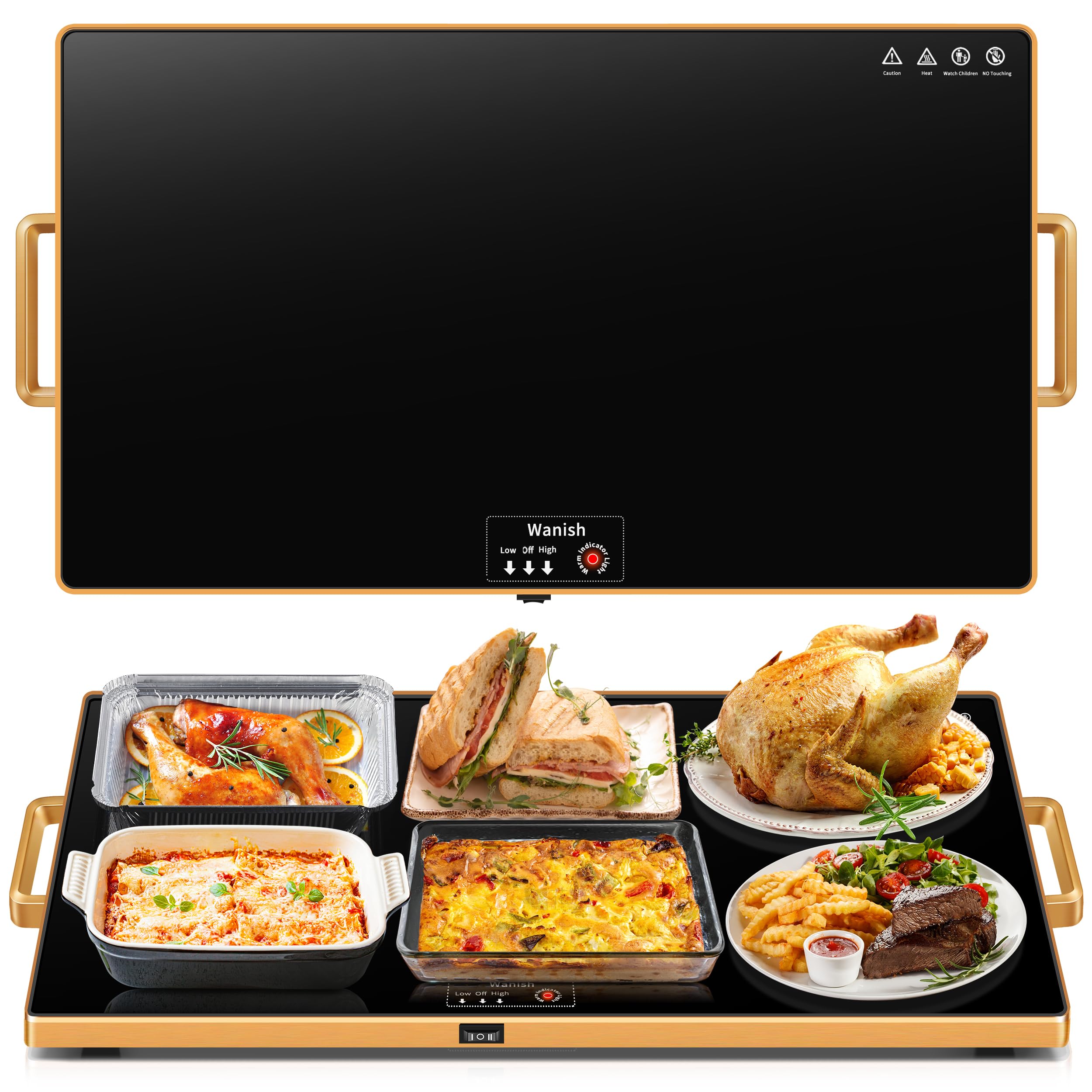 Electric Warming Tray (XXL 32   x18   ),Food Warmers for Parties Buffet with Thermostat & Full Surface Heating, Tempered Glass W
