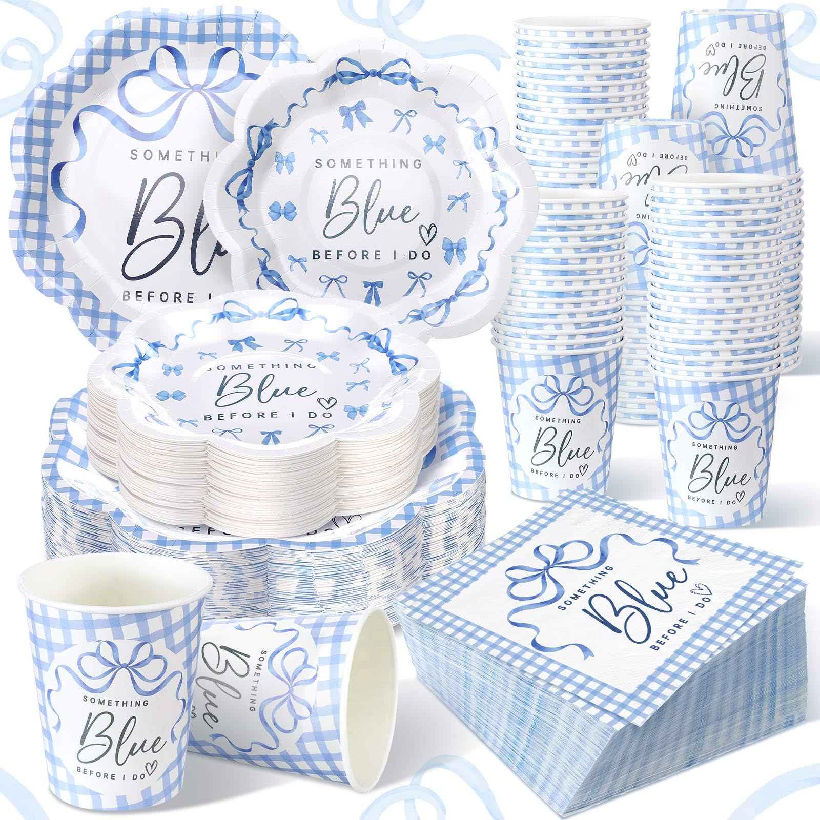 Newtay 250 Pcs Something Blue Bridal Shower Disposable Plates and Napkins Blue Bow Paper Tableware Set for 50 Guests Paper Plate