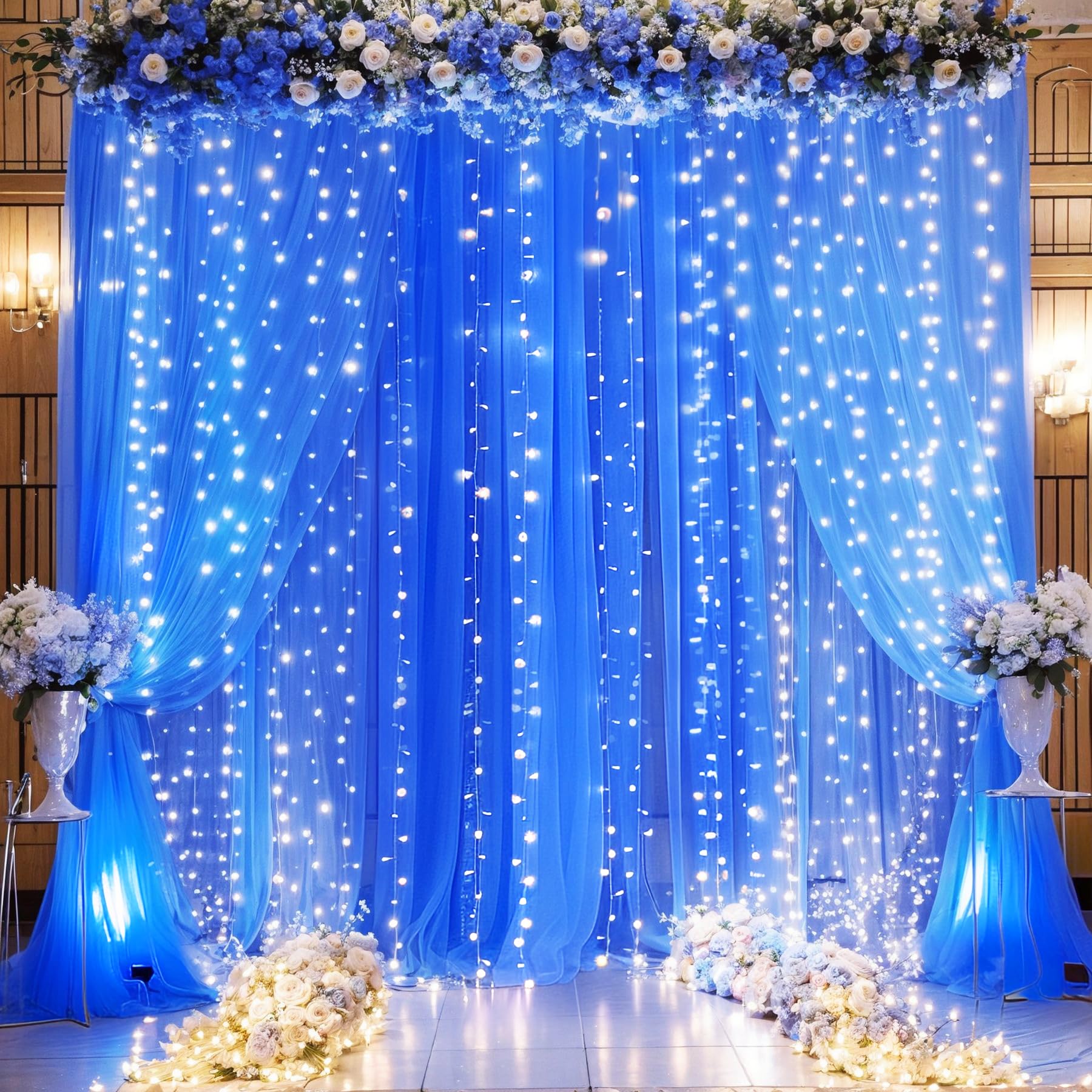 Royal Blue Backdrop Curtains with Lights String for Parites Wedding 10  8ft Sheer Tulle Backdrop Curtain for Graduation Ceremony