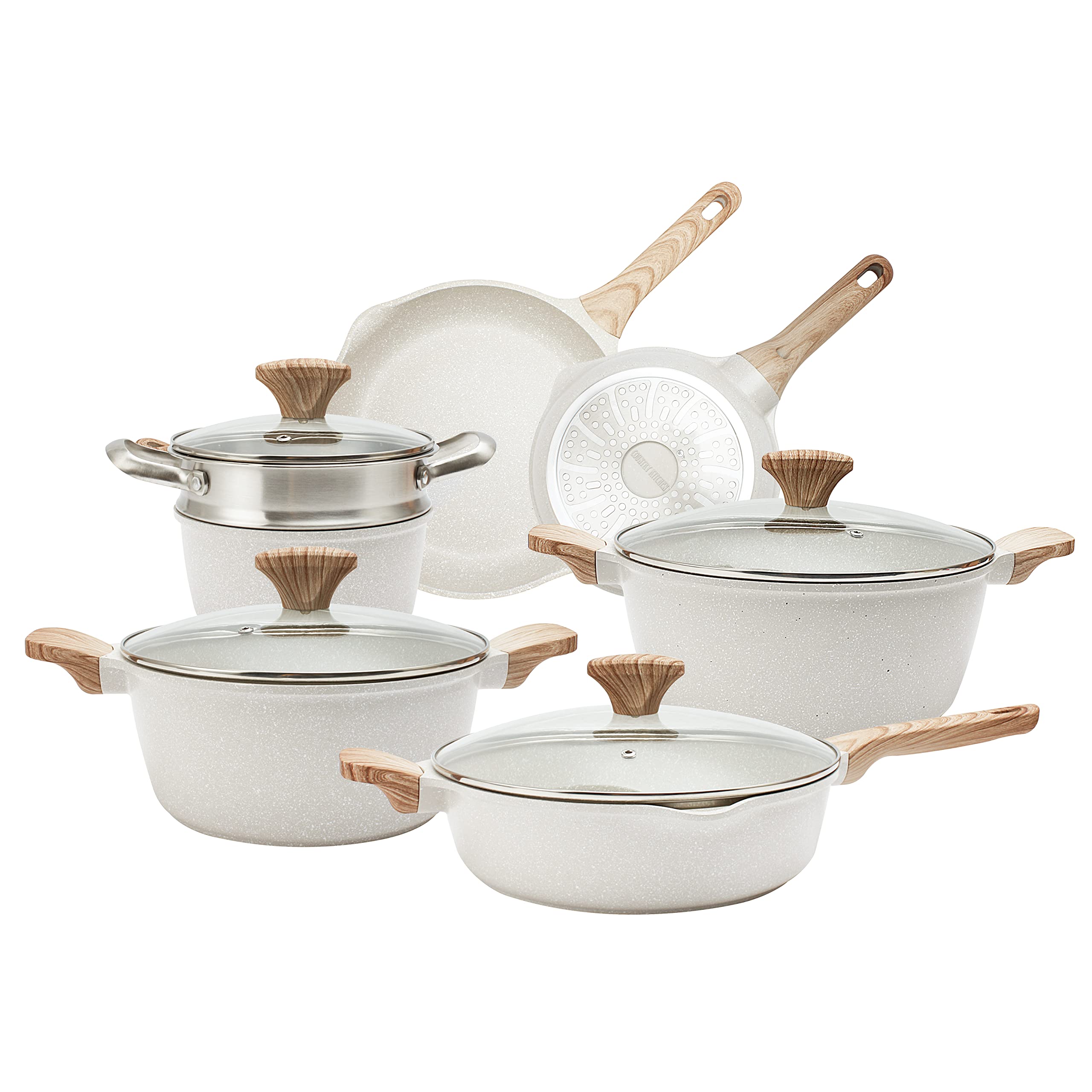 Country Kitchen Non-Stick Cast Aluminum Cookware Set - Durable Kitchen Cookware for Everyday Cooking, Cream, 11 Pc.