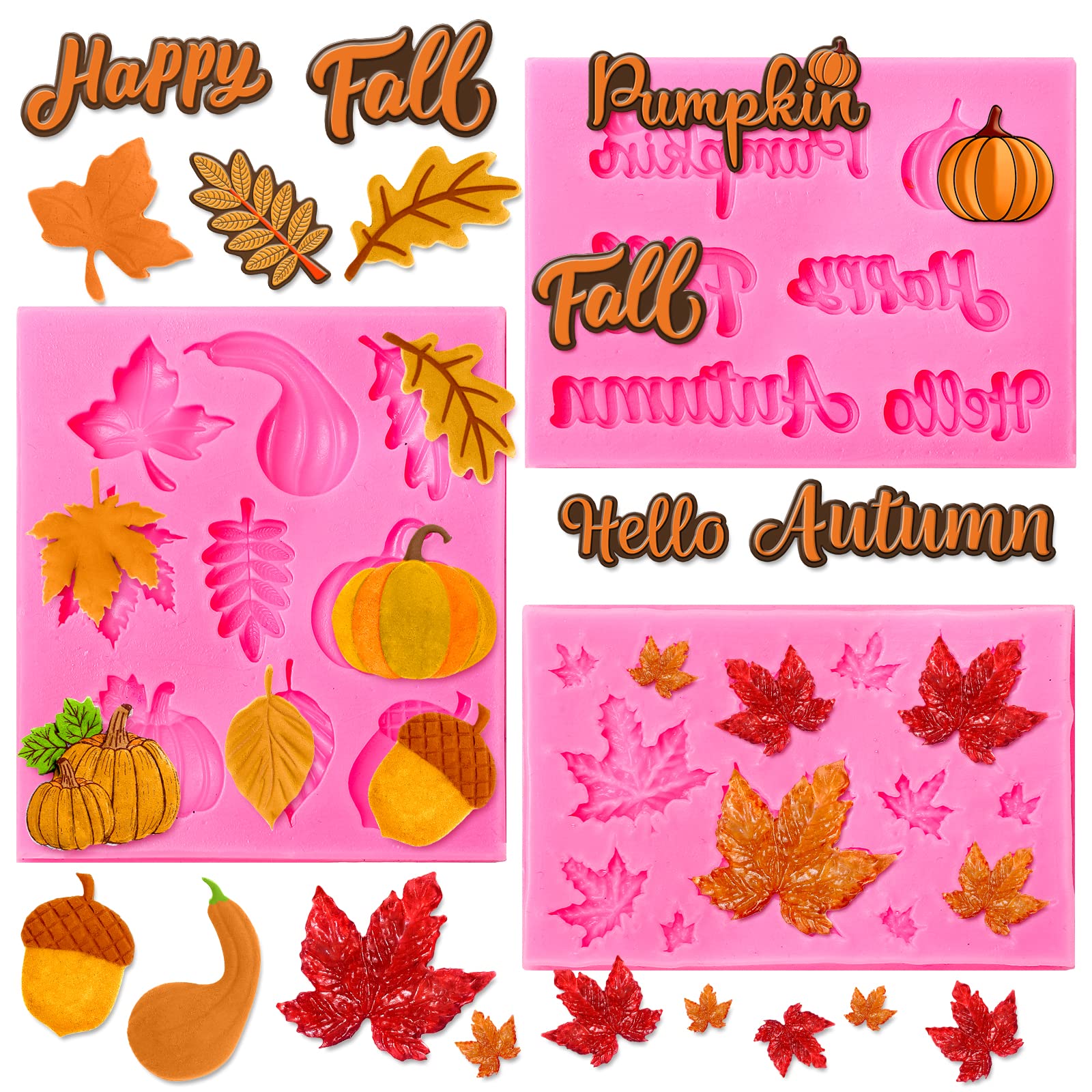 Whaline 3 Pack Fall Fondant Molds Autumn Pumpkin Maple Leaves Silicone Molds Hello Fall Candy Resin Chocolate Baking Mold For Au