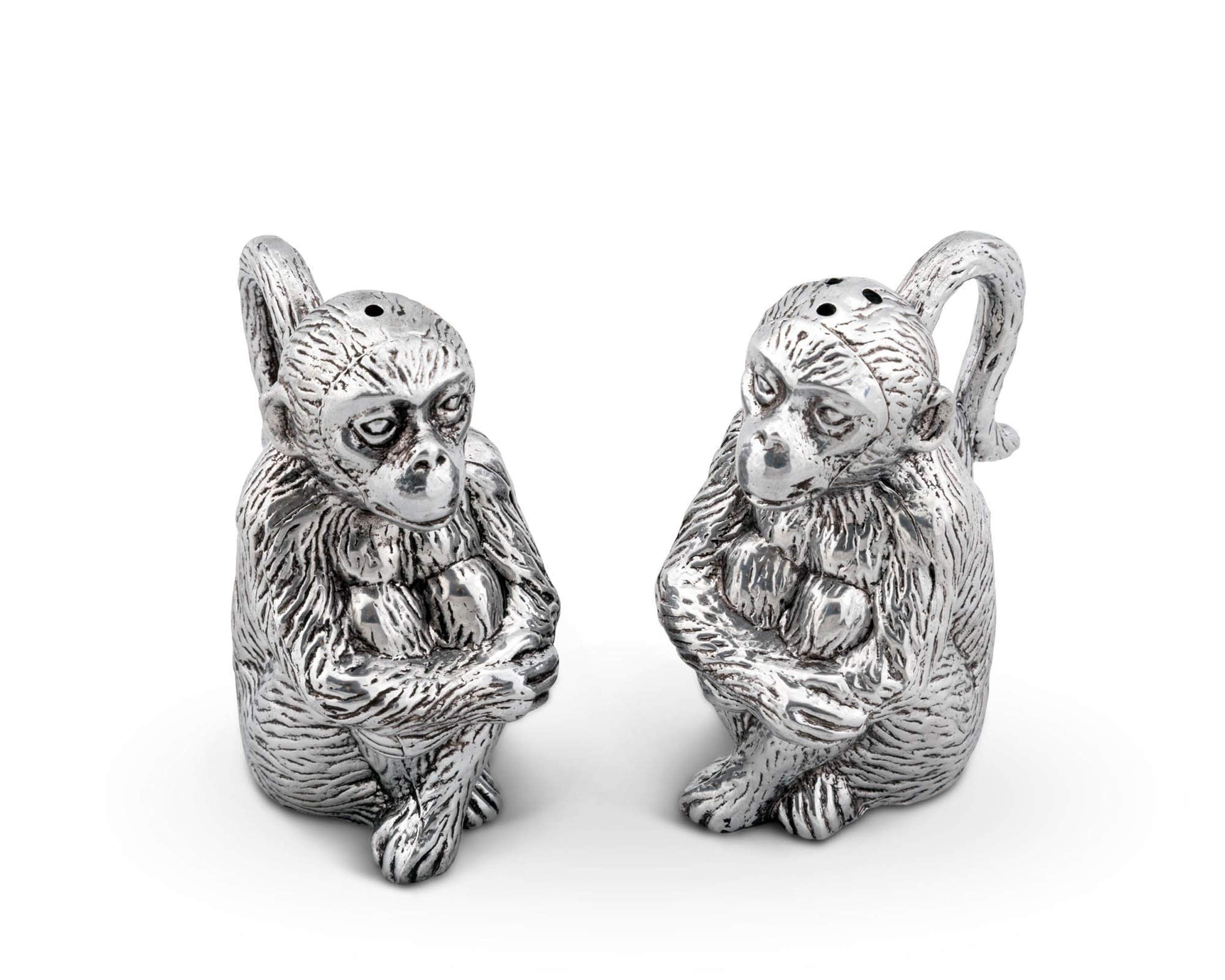 Arthur Court Aluminum Monkey Salt And Pepper Shaker Set - Metal Refillable S/P Shaker 3.5 Inch Tall