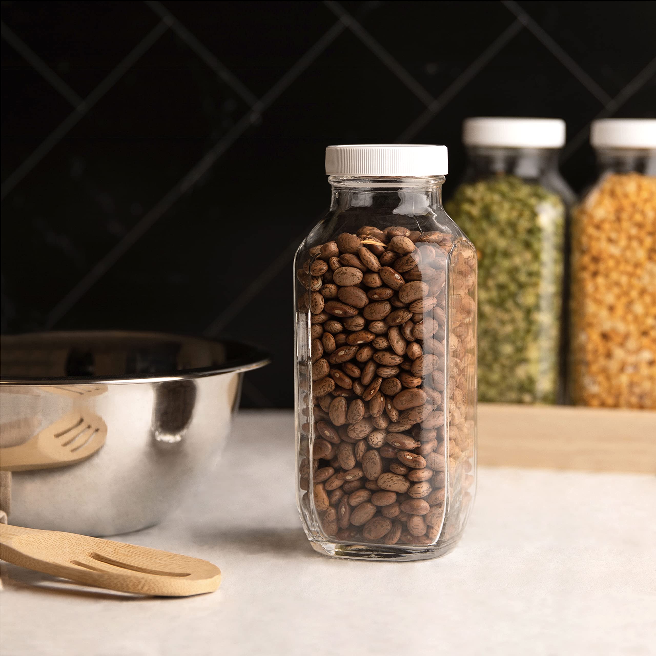 Kitchentoolz 16Oz Square Glass Milk Bottle With Plastic Airtight Lids - Vintage Reusable Dairy Drinking Jars Containers For Milk