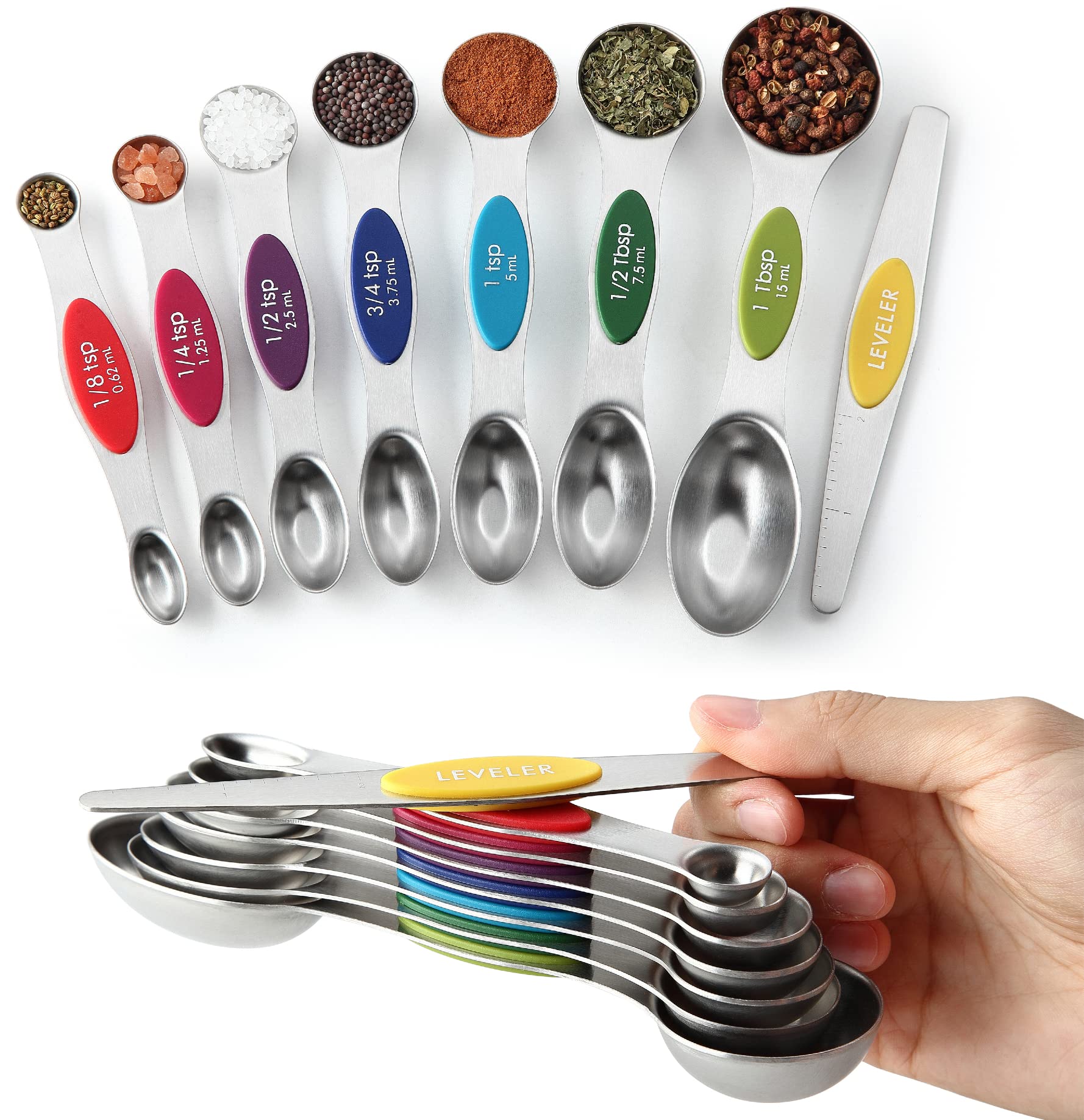Spring Chef Magnetic Measuring Spoons Set, Dual Sided, Stainless Steel, Fits In Spice Jars, Multi-Color, Set Of 8, 2 Pack
