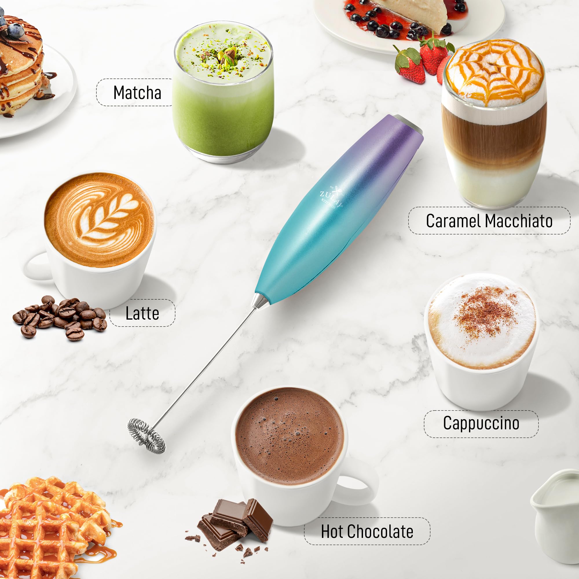 Zulay Kitchen Milk Frother Handheld Electric Whisk with AA Duracell Batteries - Durable Drink Mixer for Coffee, Lattes, Cappucci