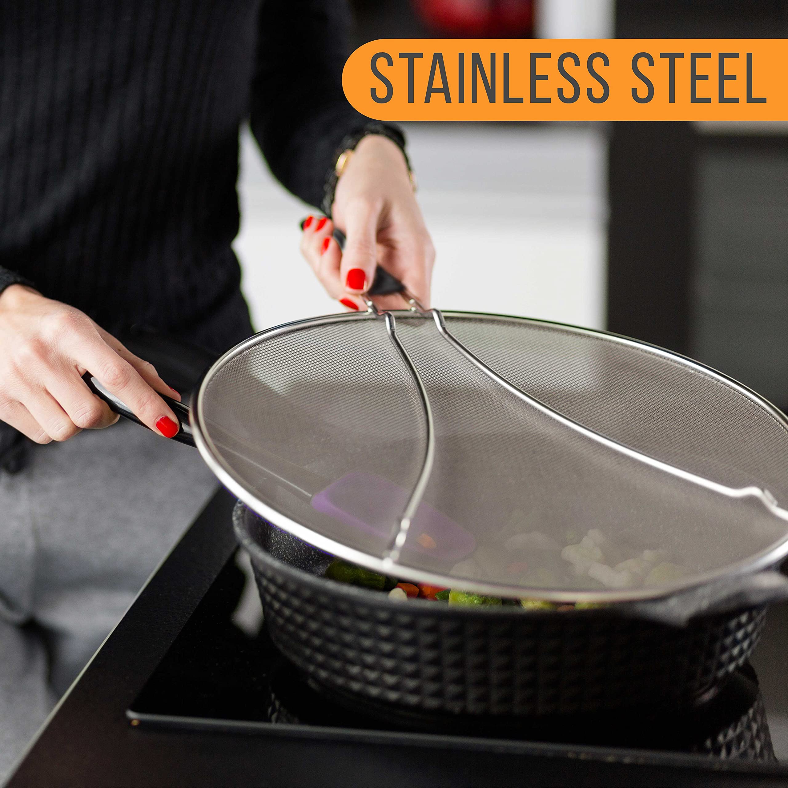 U.S. Kitchen Supply 13'', 11.5'', 9.5'' Stainless Steel Fine Mesh Splatter Screen With Resting Feet Set, Black Comfort Grip Hand