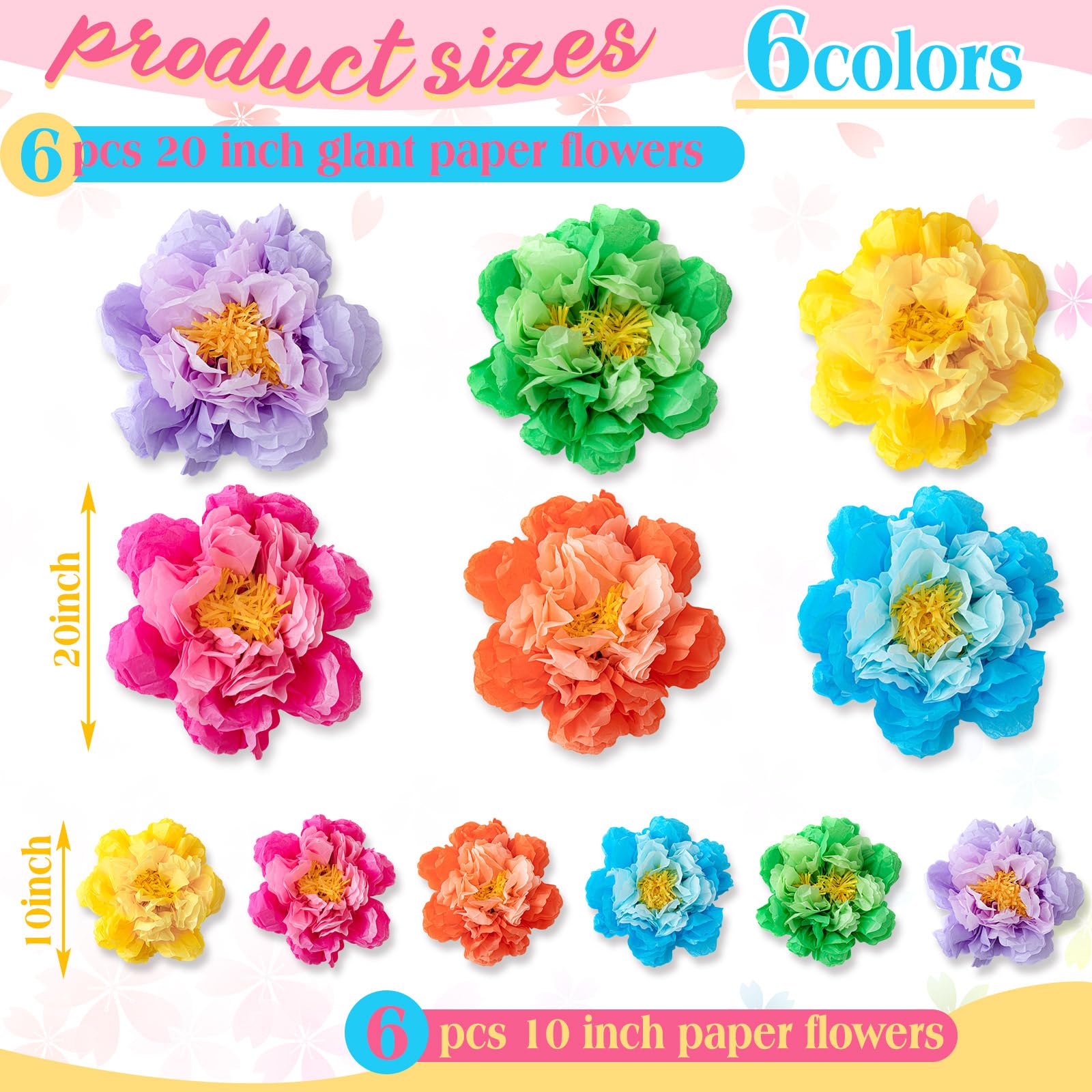 MotiMind 12 Pcs Large Colorful Tissue Paper Flowers 20 10   Giant Fiesta Paper Flowers Mexican Pom for Carnival Party Wall Backd