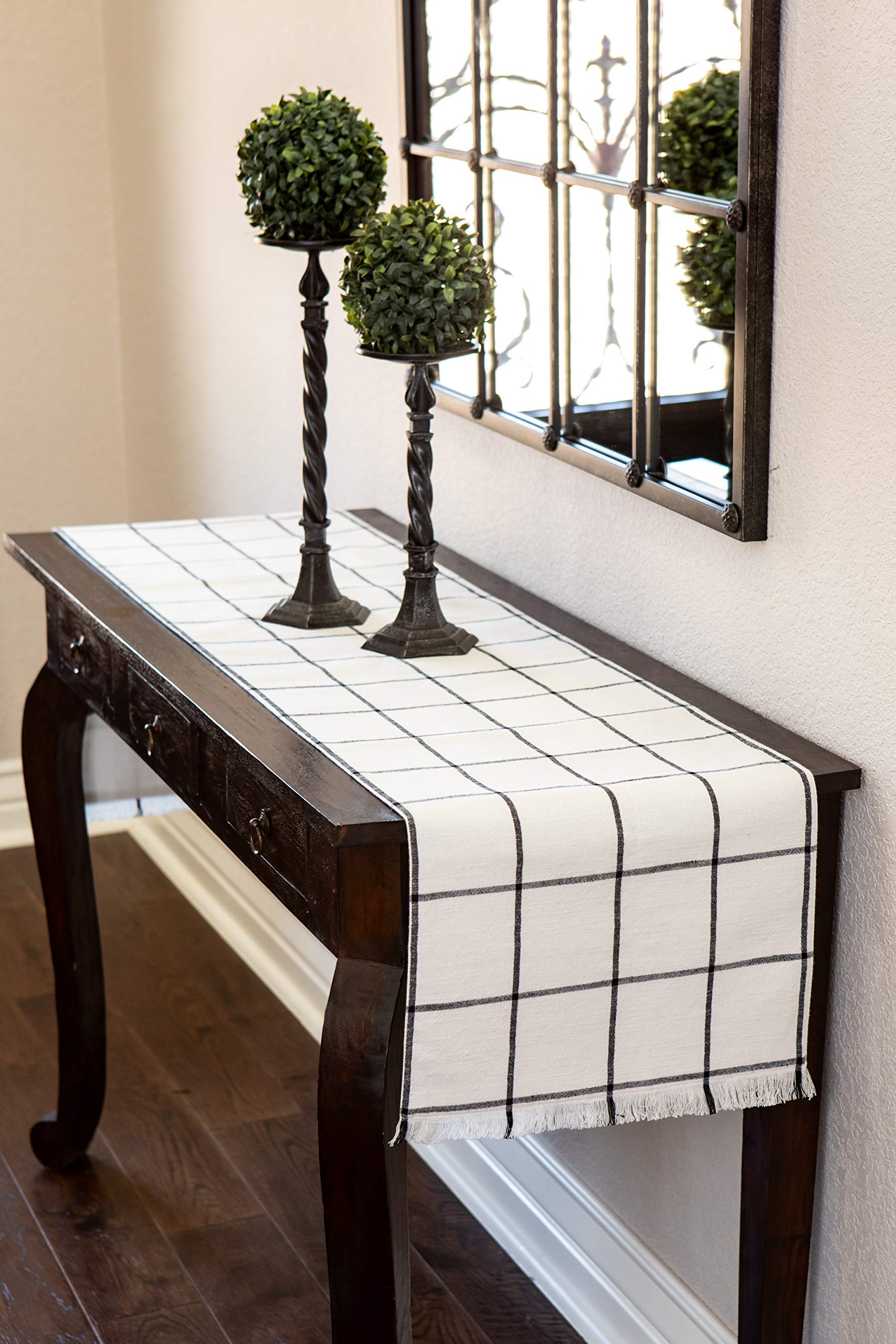 Table Runner Cotton Farmhouse Plaid 14 in x 72 in  Table D?cor for Kitchen or Dining  Cream Cloth Woven Table Runners  Oeko-Tex Cotton