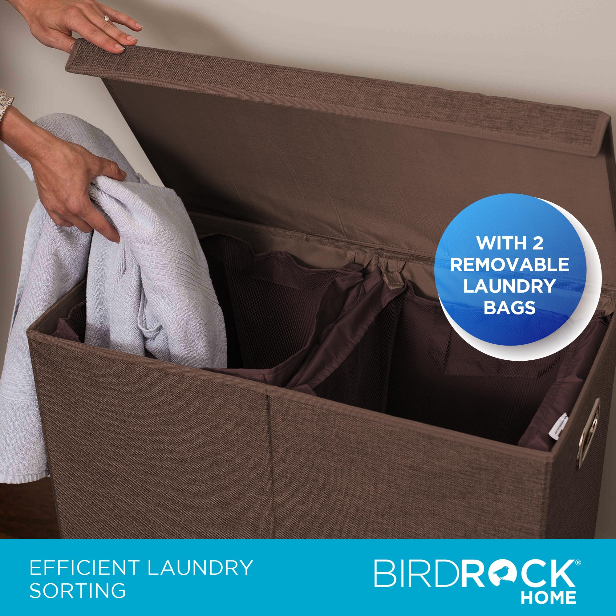 Double Laundry Hamper with Lid | Removable mesh bags | Dual Compartment Clothes Hamper | Brown