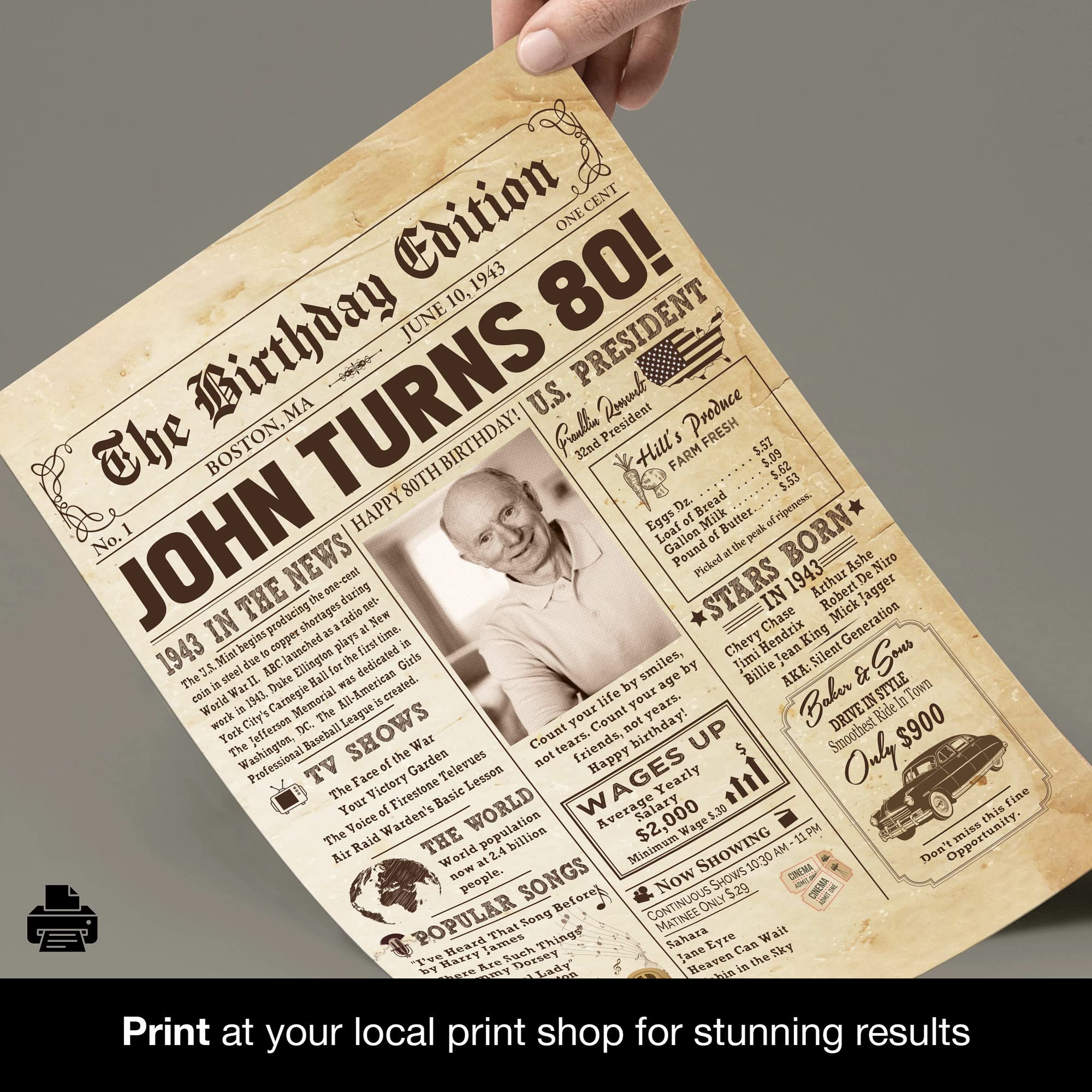 Personalized 80Th Birthday Newspaper Poster No Frame, Canvas Back In 1943 Gifts Idea Birthday, Anniversary, Custom Photo Birthda