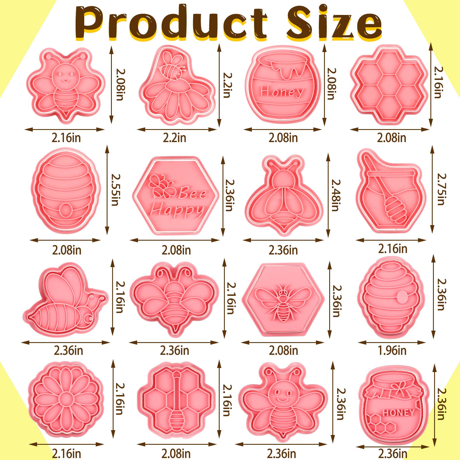 16 Pcs Bee Cookie Cutters With Plunger Stamps Set Mini Bee Honeycomb Cookie Stamps 3D Plastic Biscuit Mold Fondant Cookie Stampe