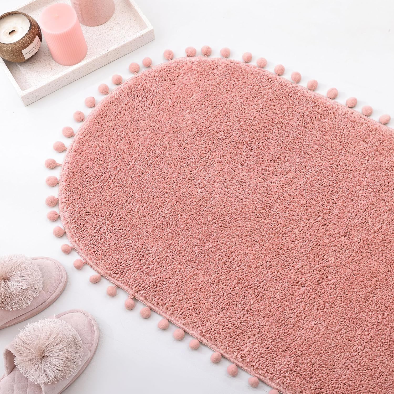 Yirddeo Oval Bathroom Rugs Dusty Pink Rug With Pom Bath Mat For Bedroom Non Slip Cute Boho Absorbent Mats Soft Plush Washable Ru