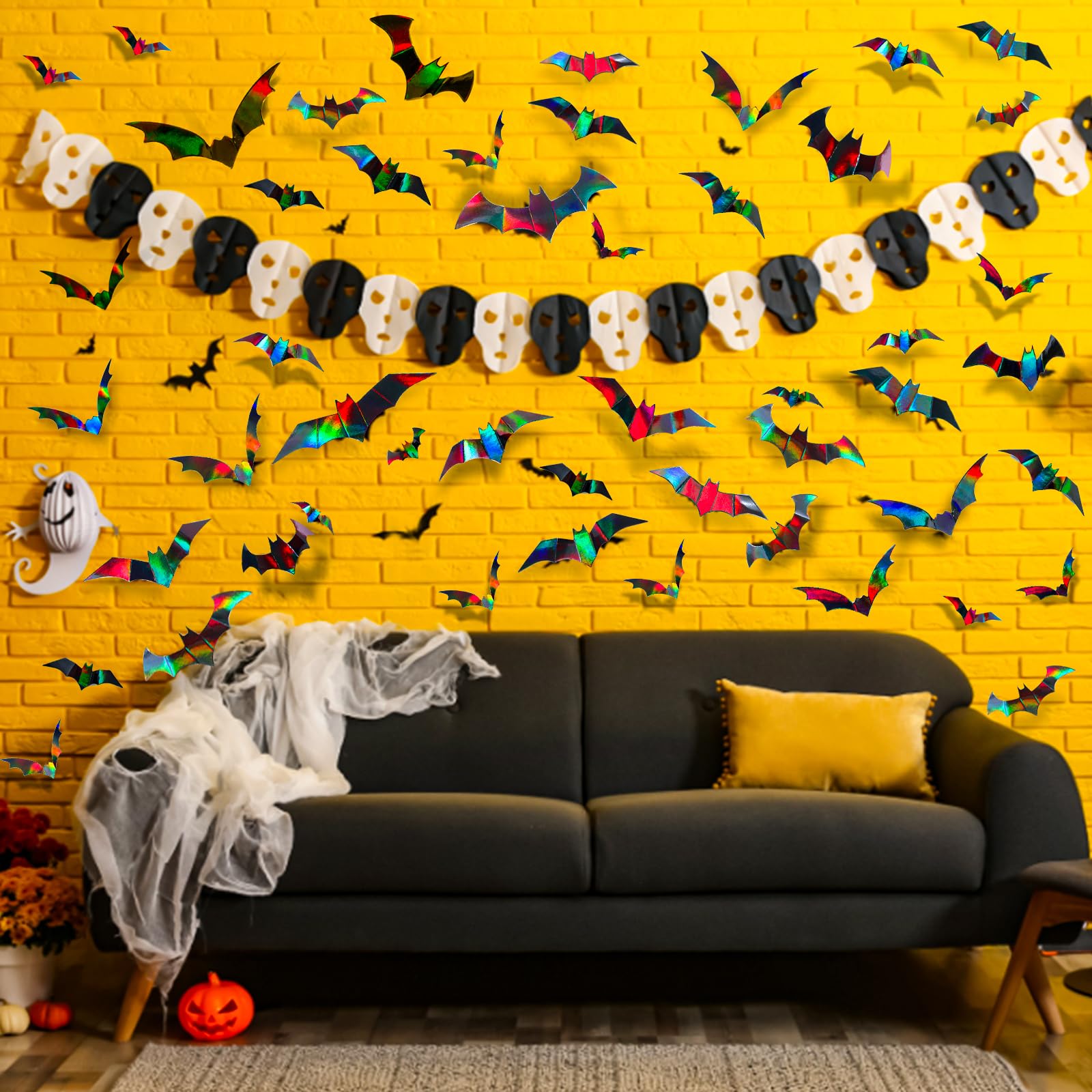 KIMOBER 144pcs Halloween Bats Wall Decor Iridescent Holographic Paper 3D Bat Wall Decal Stickers for Halloween Party Supplies