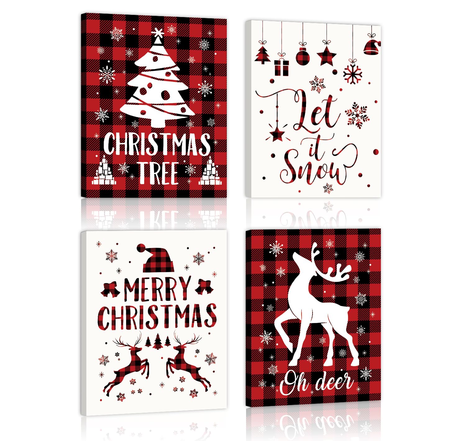 Kairne Merry Christmas Wall Decor,Red Buffalo Plaid Christmas Pictures Sign, Vintage Farmhouse Christmas Deer Canvas Wall Art La