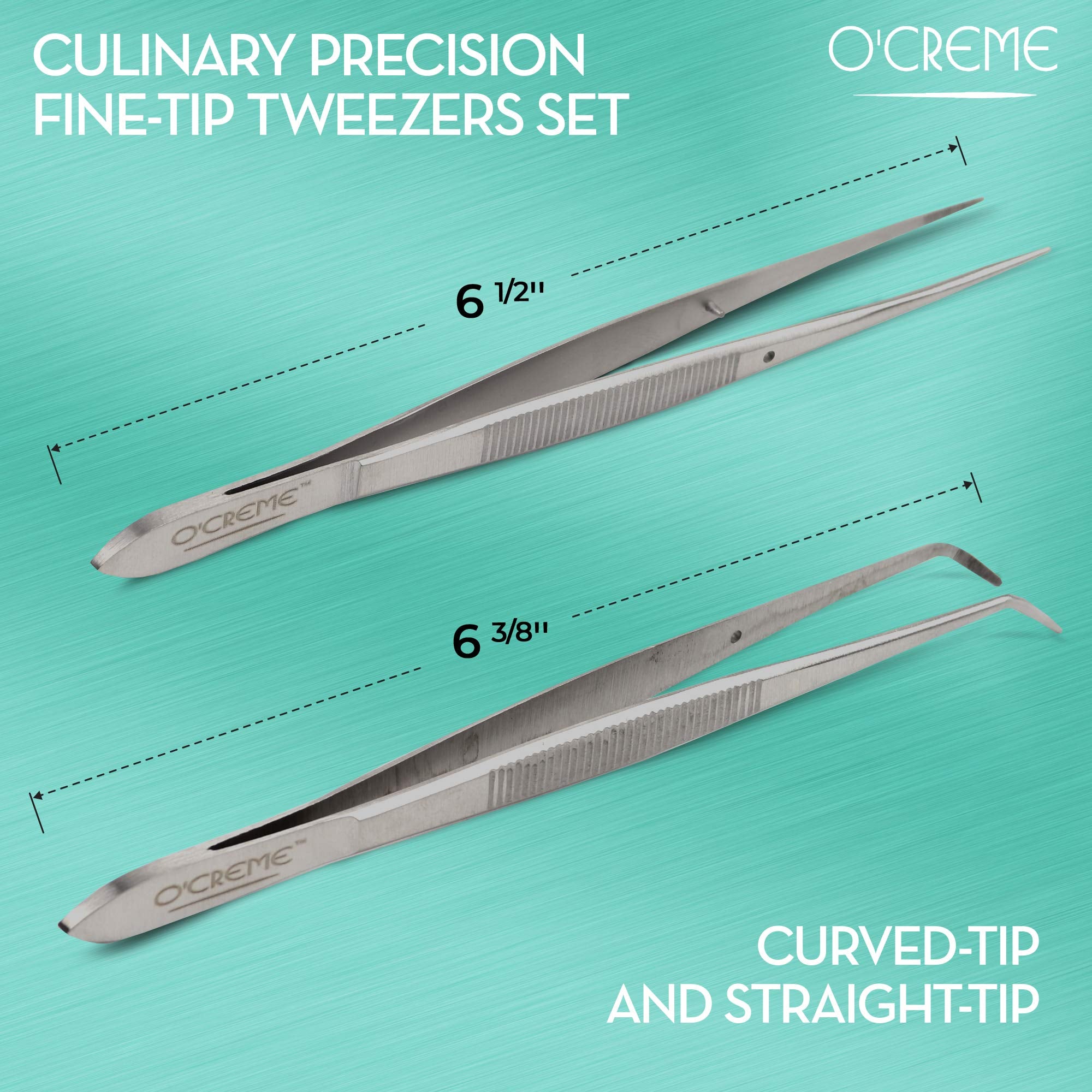 O'Creme Stainless Steel Precision Kitchen Culinary Fine-Tip Tweezer Tongs  1 Curved and 1 Straight